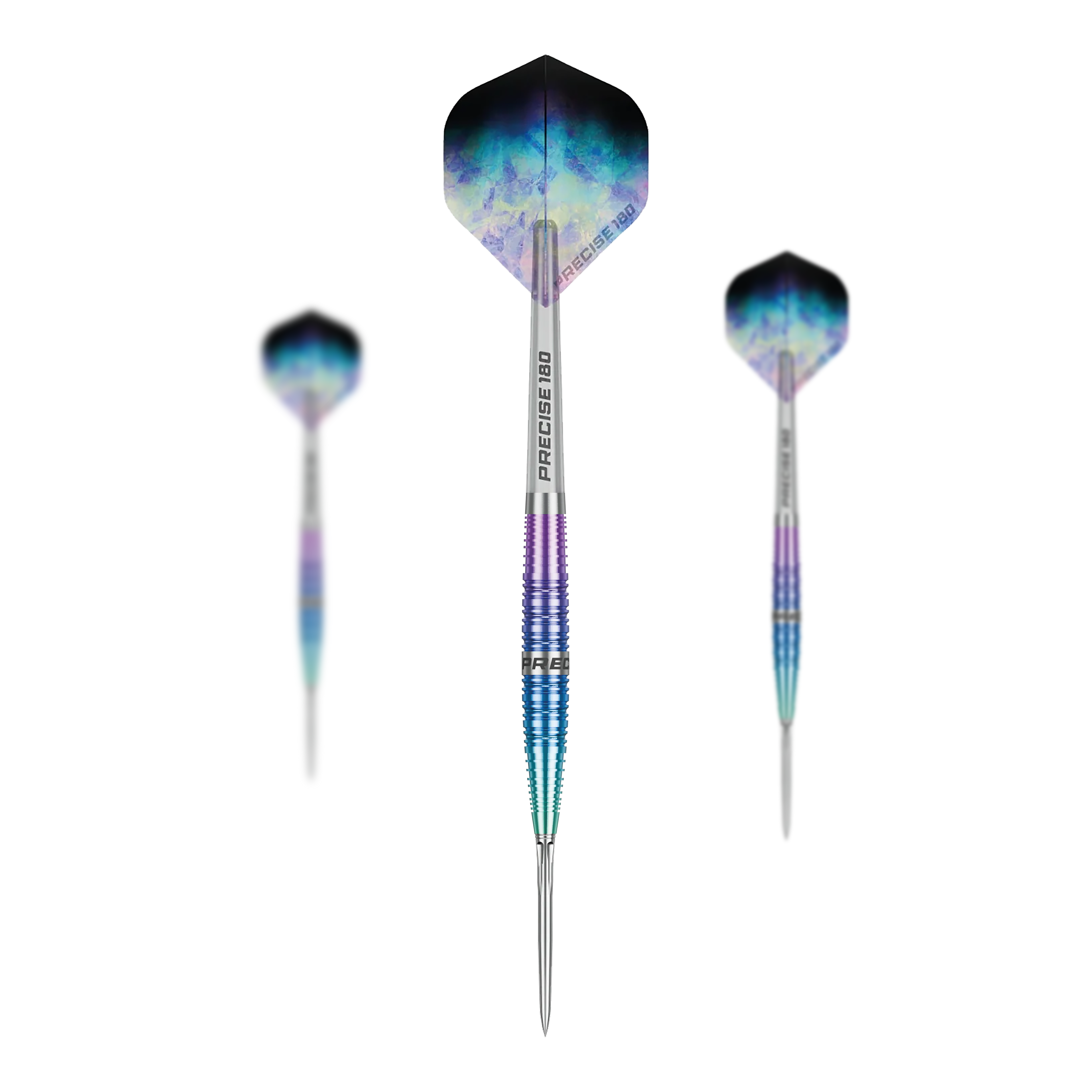 Přesné ocelové šipky Northern Lights 180 Die Precise 180 Northern Lights Steeldarts sind als Set dargestellt. Mehrere Dartpfeile sind gemeinsam angeordnet.
