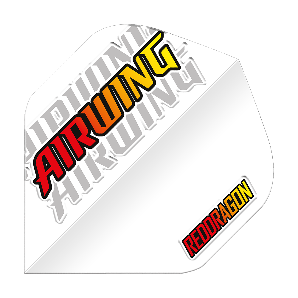 Standardní lety Red Dragon Airwing s červeným logem Dieses Bild zeigt ein weißes Dartflügel-Produkt mit der Aufschrift „AIRWING“ in Rot, Orange und Gelb. In der unteren rechten Ecke steht das Logo „REDDRAGON“ ebenfalls in Rot und Gelb.