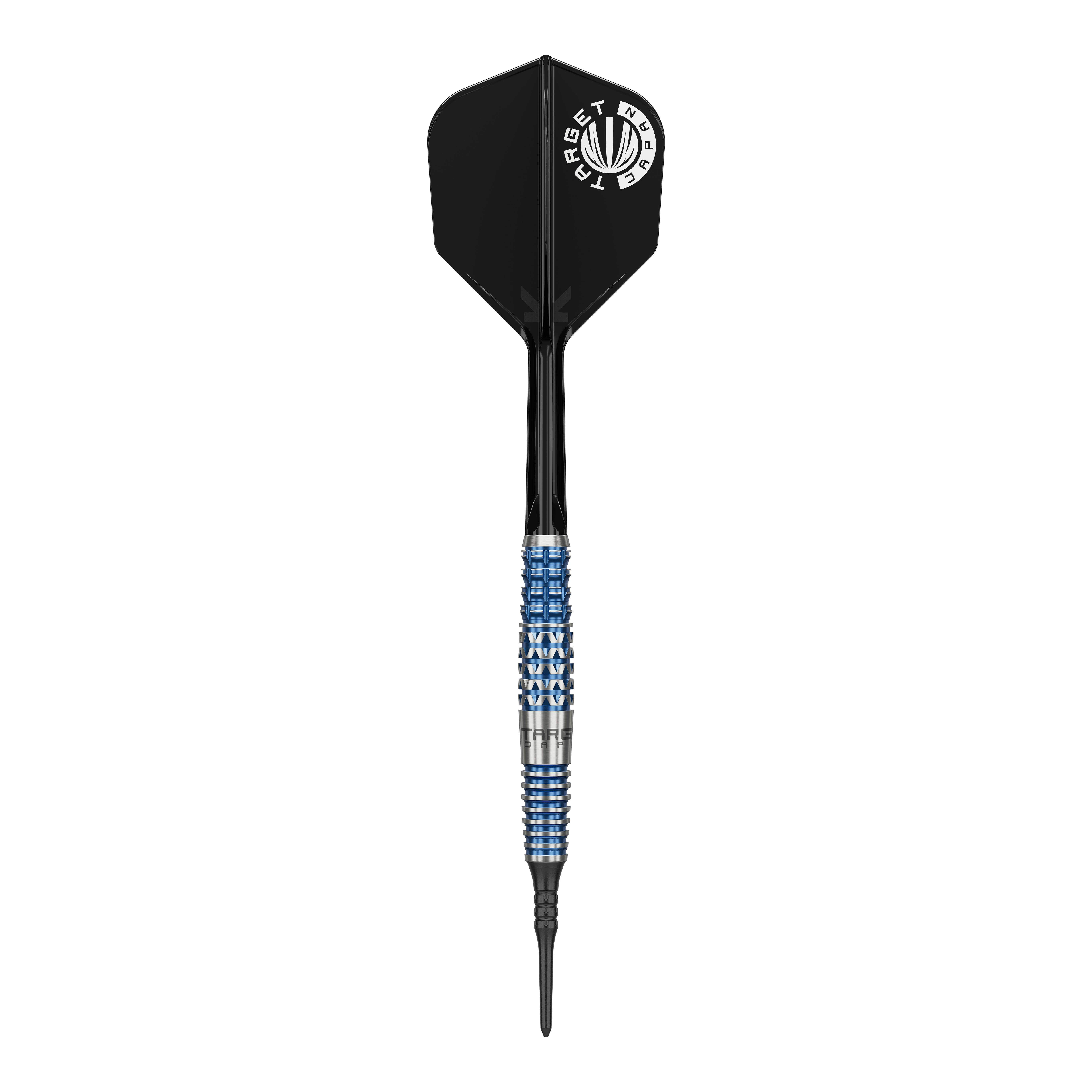 Das Bild zeigt einen Softdart der Marke Target Japan, Modell Toru Suzuki Sereno GEN2 mit 20g Gewicht. Der Dart hat ein auffälliges Design mit einem schwarz-blauen Griff und schwarzer Flight mit weißem Logo.