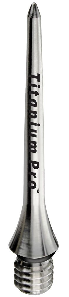 109880_90 Das Bild zeigt die "Target Titanium Conversion Point - Plain", eine Dartspitze aus Titan. Sie ist silberfarben, schmal und hat ein Schraubgewinde am unteren Ende.
