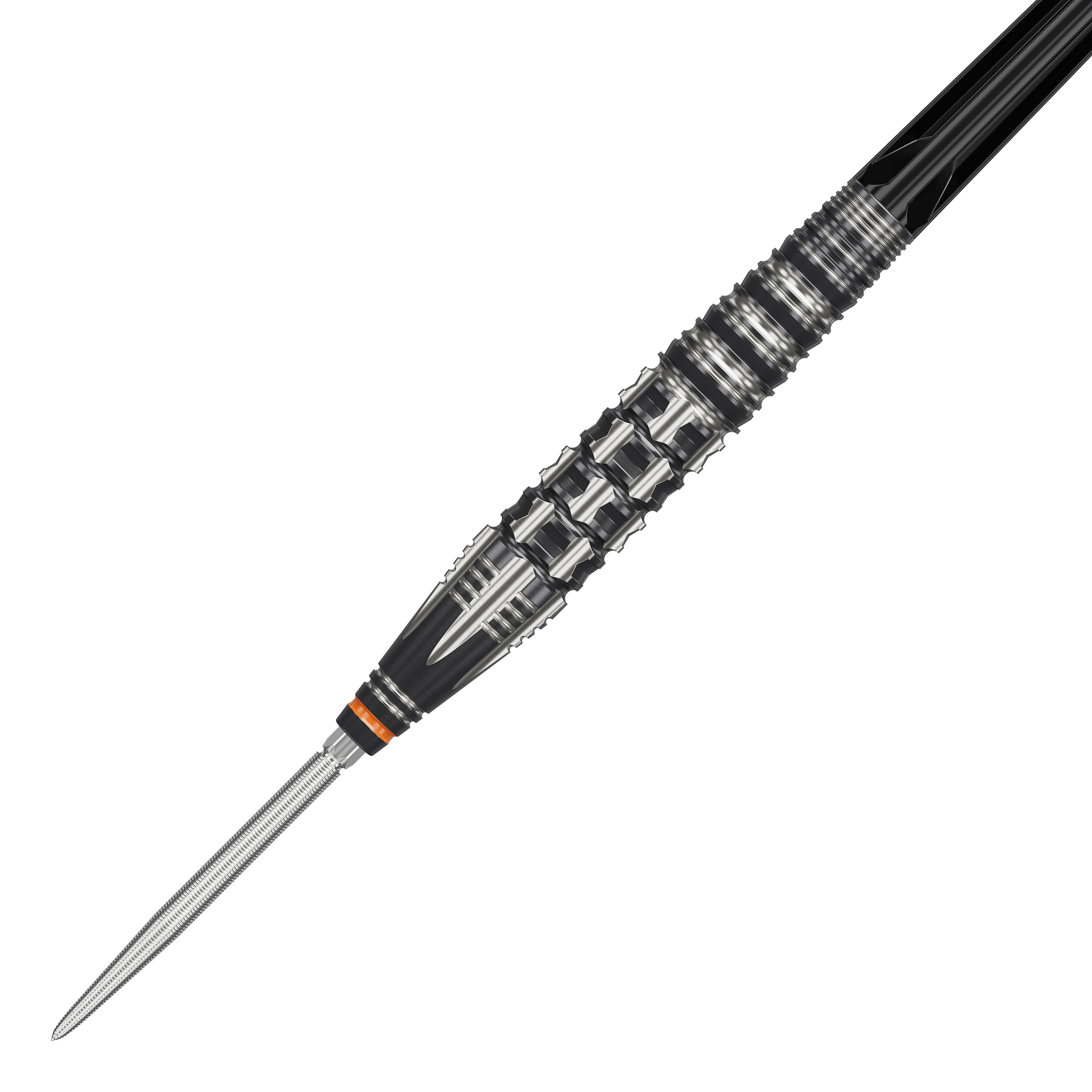 Ocelové šipky Target Japan Black Marque Dancing Duck GEN 4 Das Bild zeigt einen Target Japan Black Marque Dancing Duck GEN 4 Steeldart. Der Dart hat ein auffälliges, schwarz-silbernes Design mit markanten Rillen für besseren Halt.