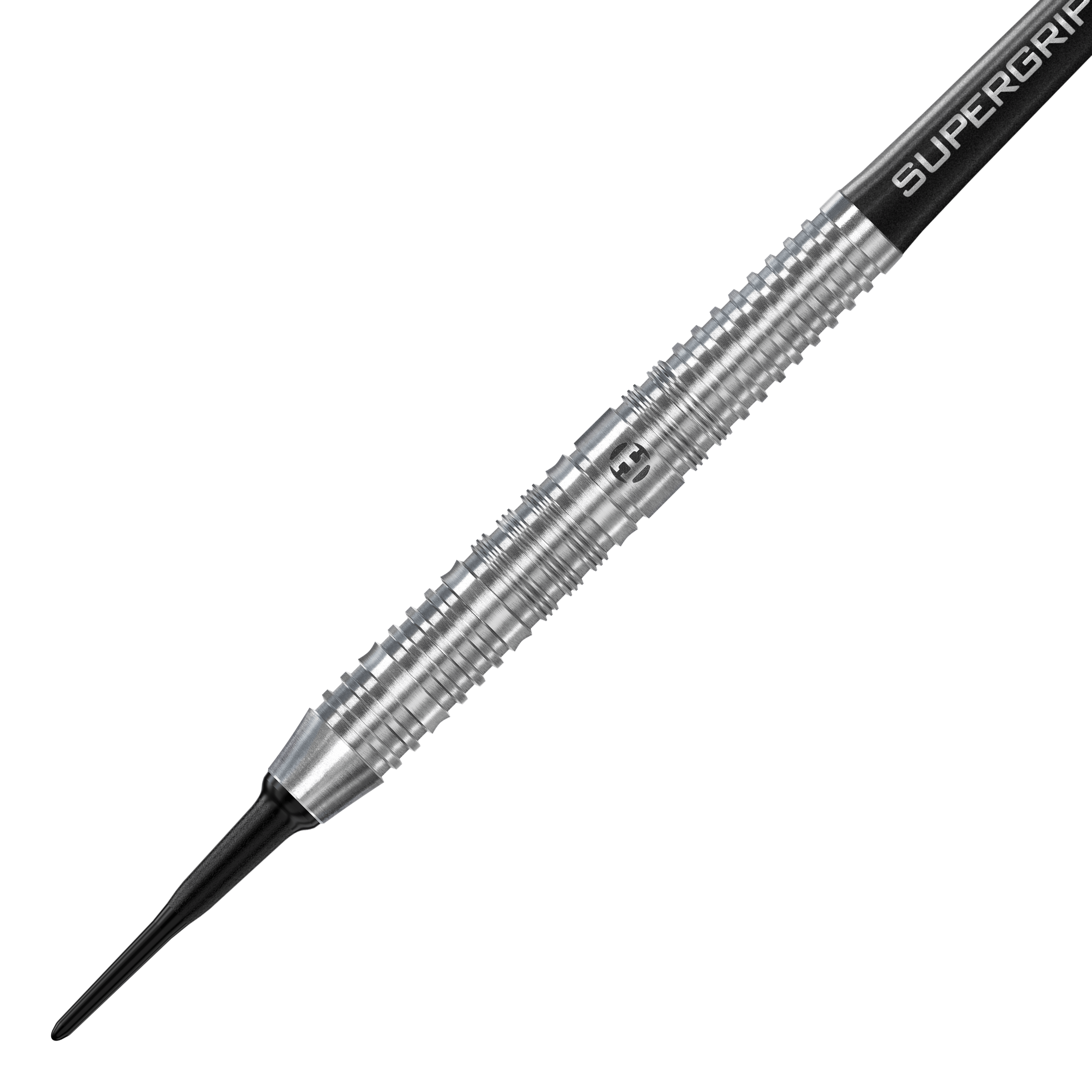 Harrows NX90 Parallel Softdarts Das Bild zeigt einen Harrows NX90 Parallel Softdart mit silbernem, geriffelten Barrel. Die Spitze ist schwarz und der Schaft trägt die Aufschrift "SUPERGRIP".