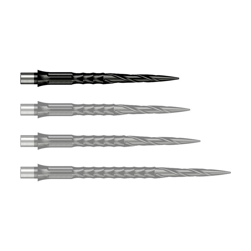Ocelové hroty na šipky Caliburn System - Spiro - Bez rtu - Černé Das Foto zeigt Caliburn Evo System Steeldartspitzen Spiro NoLip Black in 28 mm Länge. Diese Dartspitzen sind in Schwarz gehalten und besonders langlebig.
