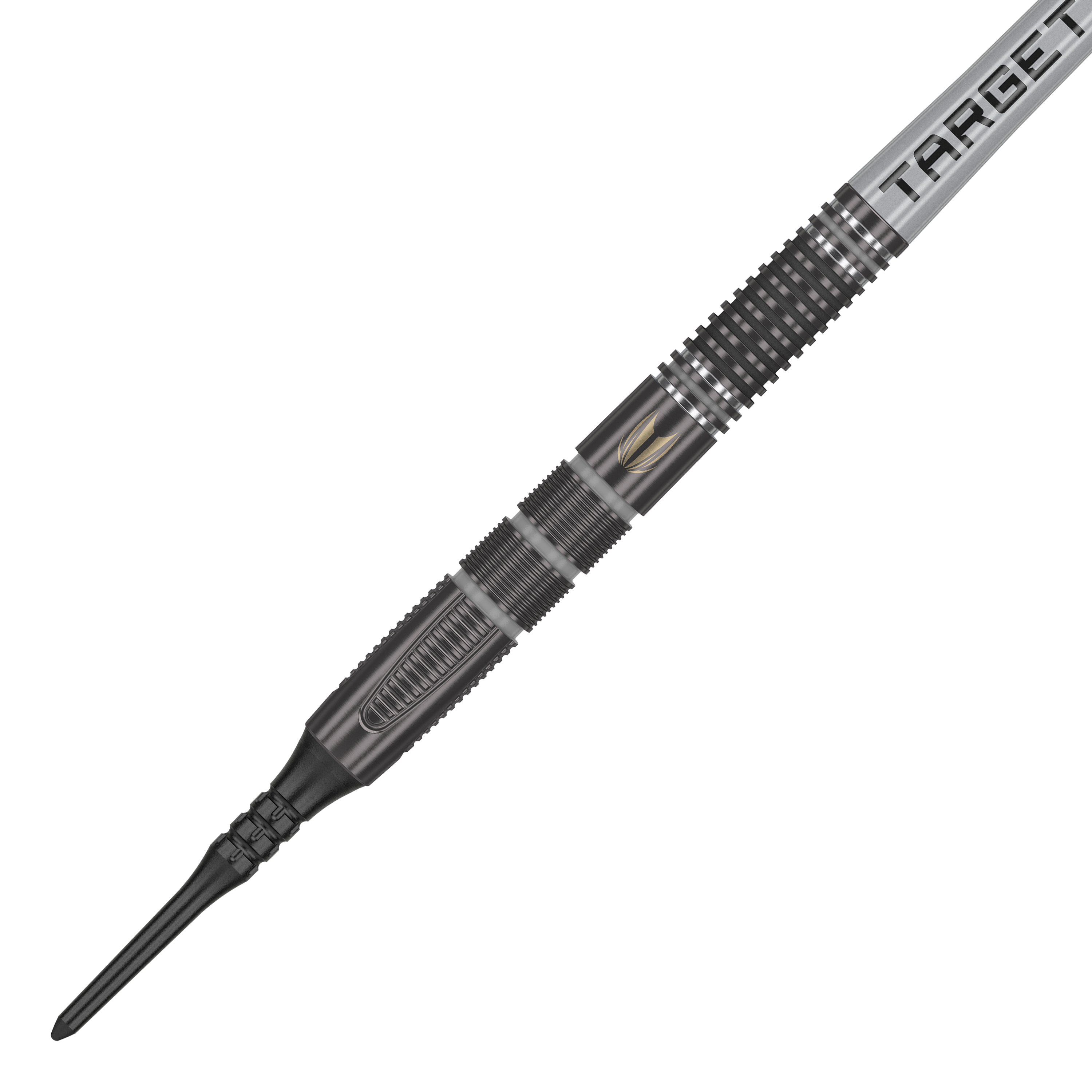 Měkké šipky Target Nathan Aspinall X Echo - 18g Das Bild zeigt einen Target Nathan Aspinall X Echo Softdart mit einem Gewicht von 18g. Der Dart ist schwarz und silber und hat das Wort "TARGET" auf dem Flight stehen.