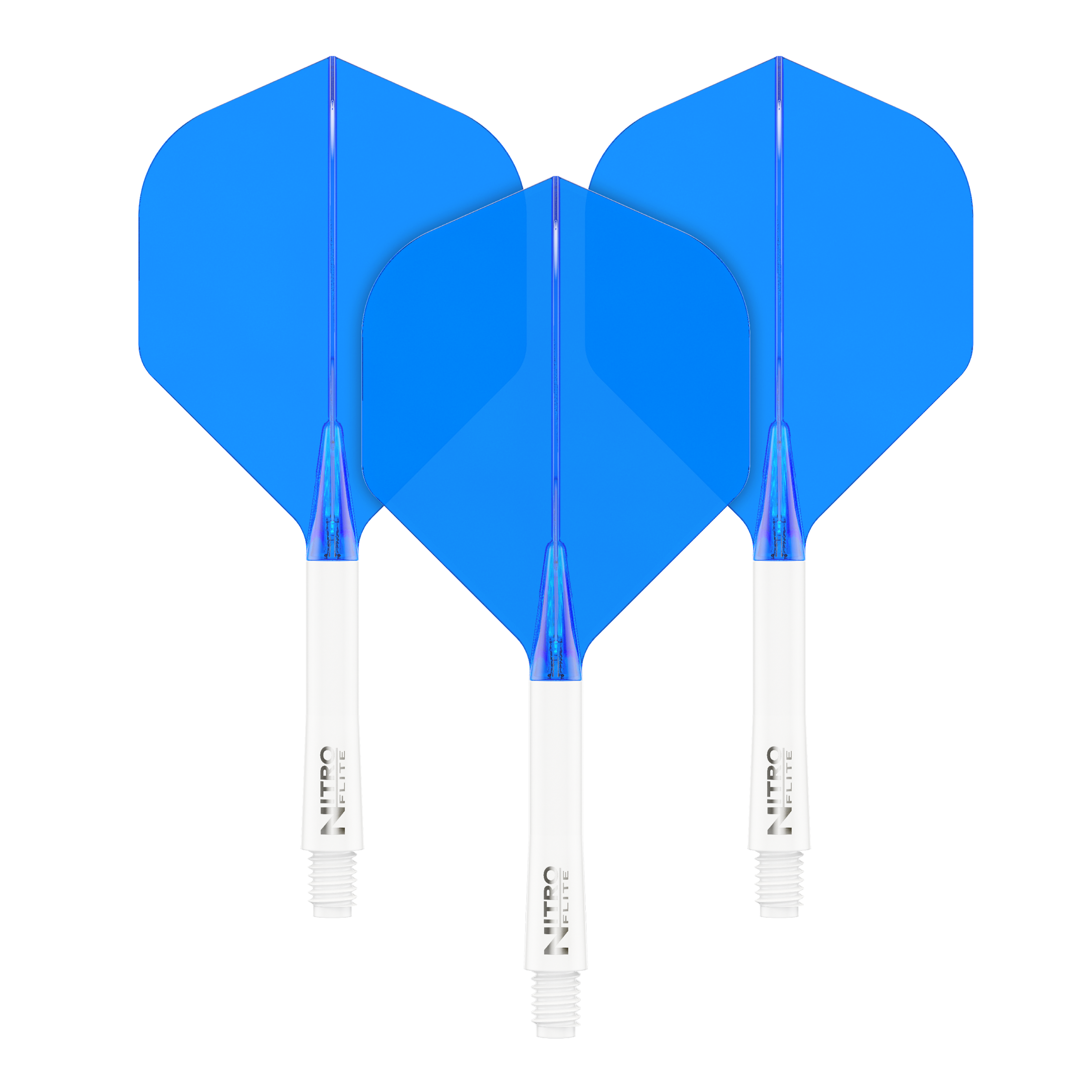 Red Dragon Nitroplite - White Shaft Blue No2 Flights Das Bild zeigt drei blaue Dartflights mit weißen Schäften. Sie sind ordentlich nebeneinander angeordnet und heben sich deutlich vom schwarzen Hintergrund ab.