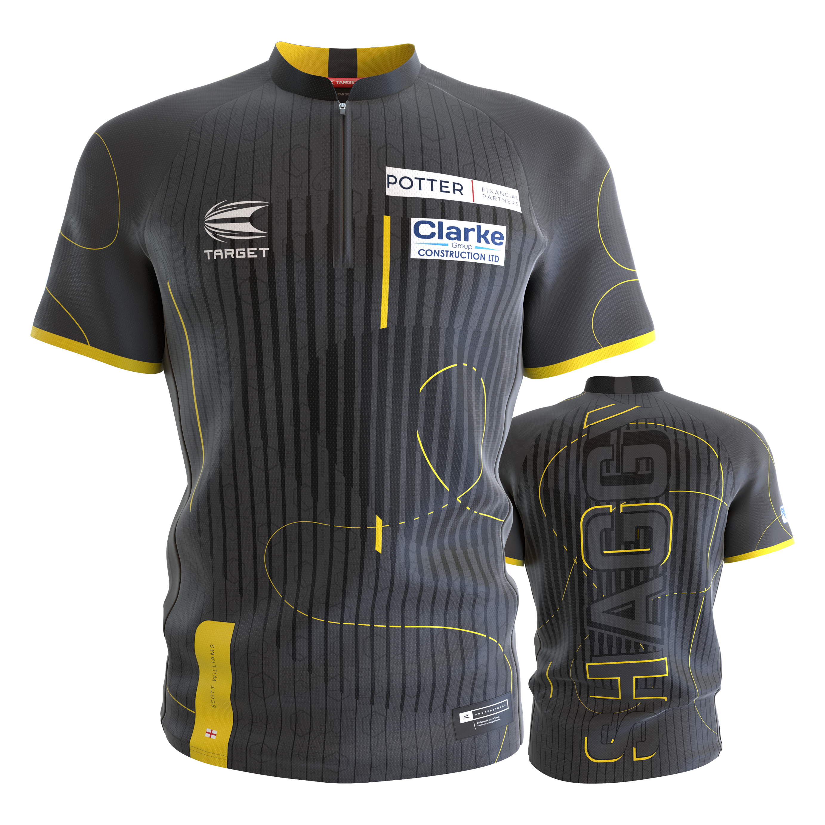 Tričko Scott Williams s potiskem Target Coolplay bez límce Das Bild zeigt das Target Coolplay Collarless Scott Williams Dartshirt in Grau mit gelben Akzenten. Auf der Vorderseite sind Sponsorenlogos zu sehen und auf der Rückseite steht groß "SHAGGY".