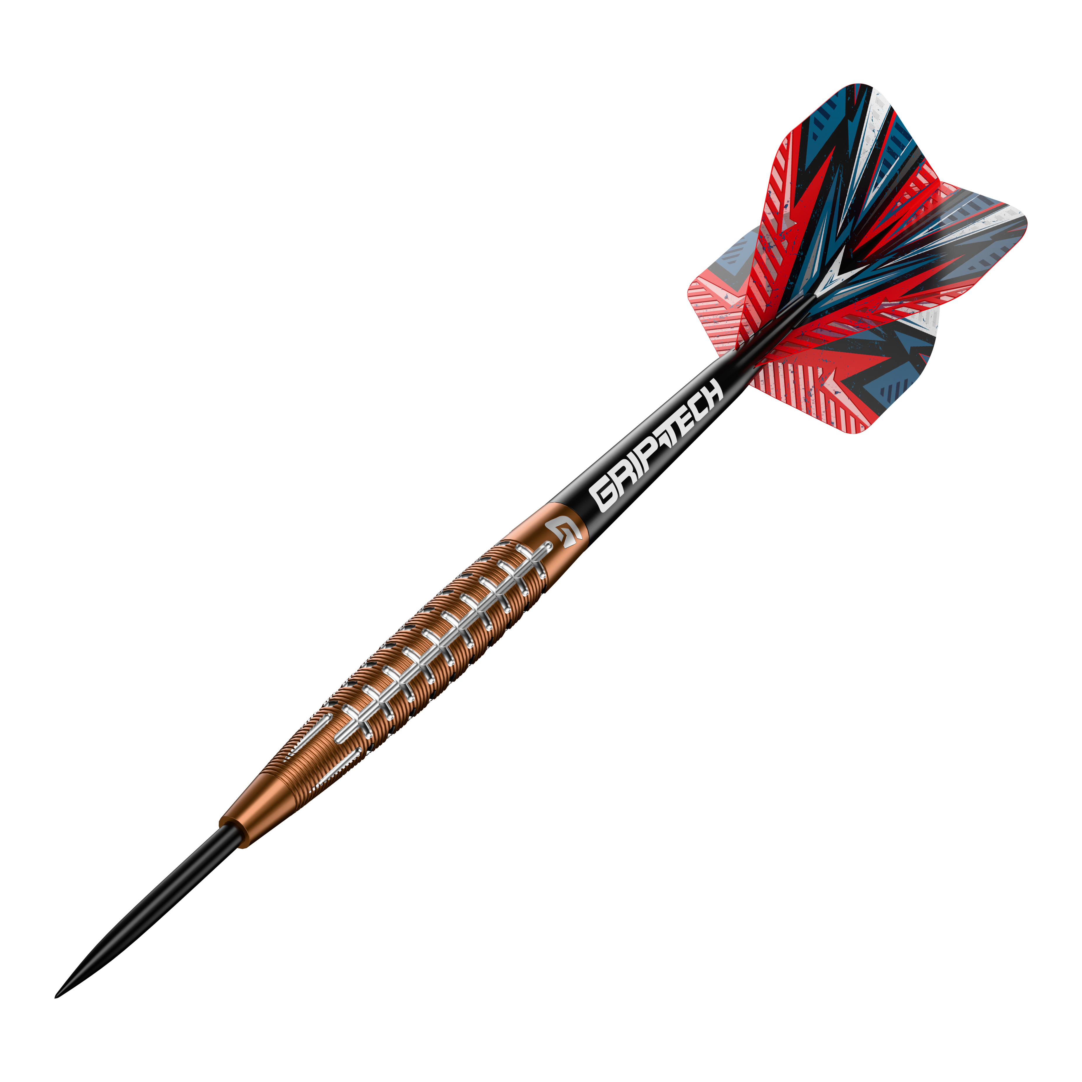 Šipky GOAT Quarterback V1 z wolframové oceli Das Bild zeigt einen GOAT Quarterback V1 Tungsten Steeldart. Der Dartpfeil hat ein auffälliges Design mit einer rot-blauen Flight und einem goldenen Griff mit silbernen Rillen.