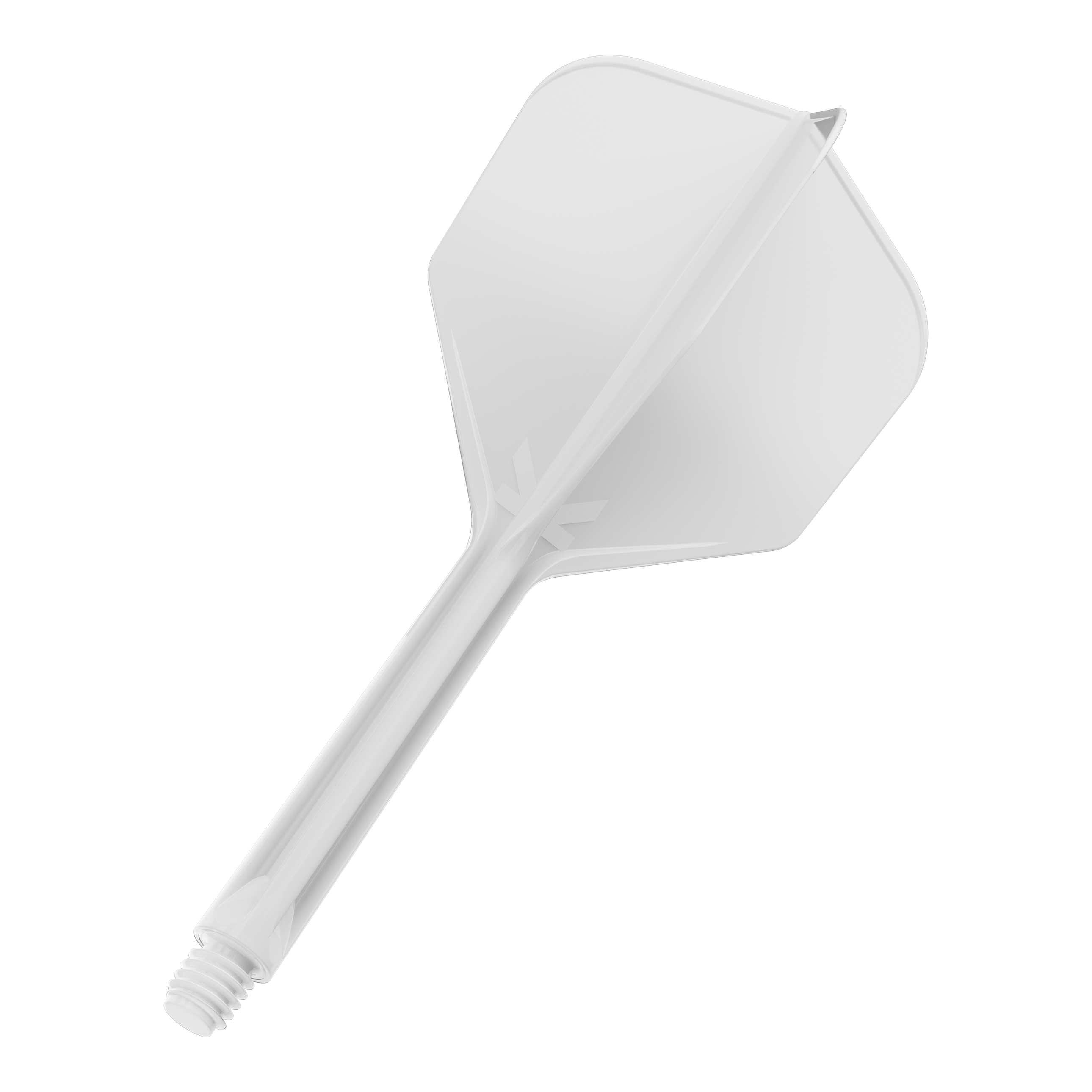 Letový systém Target K-Flex No6 - bílý Das Bild zeigt einen weißen Dart-Flightschaft mit integriertem Flight. Er hat ein einfaches, transparentes Design und ein Schraubgewinde am Ende.