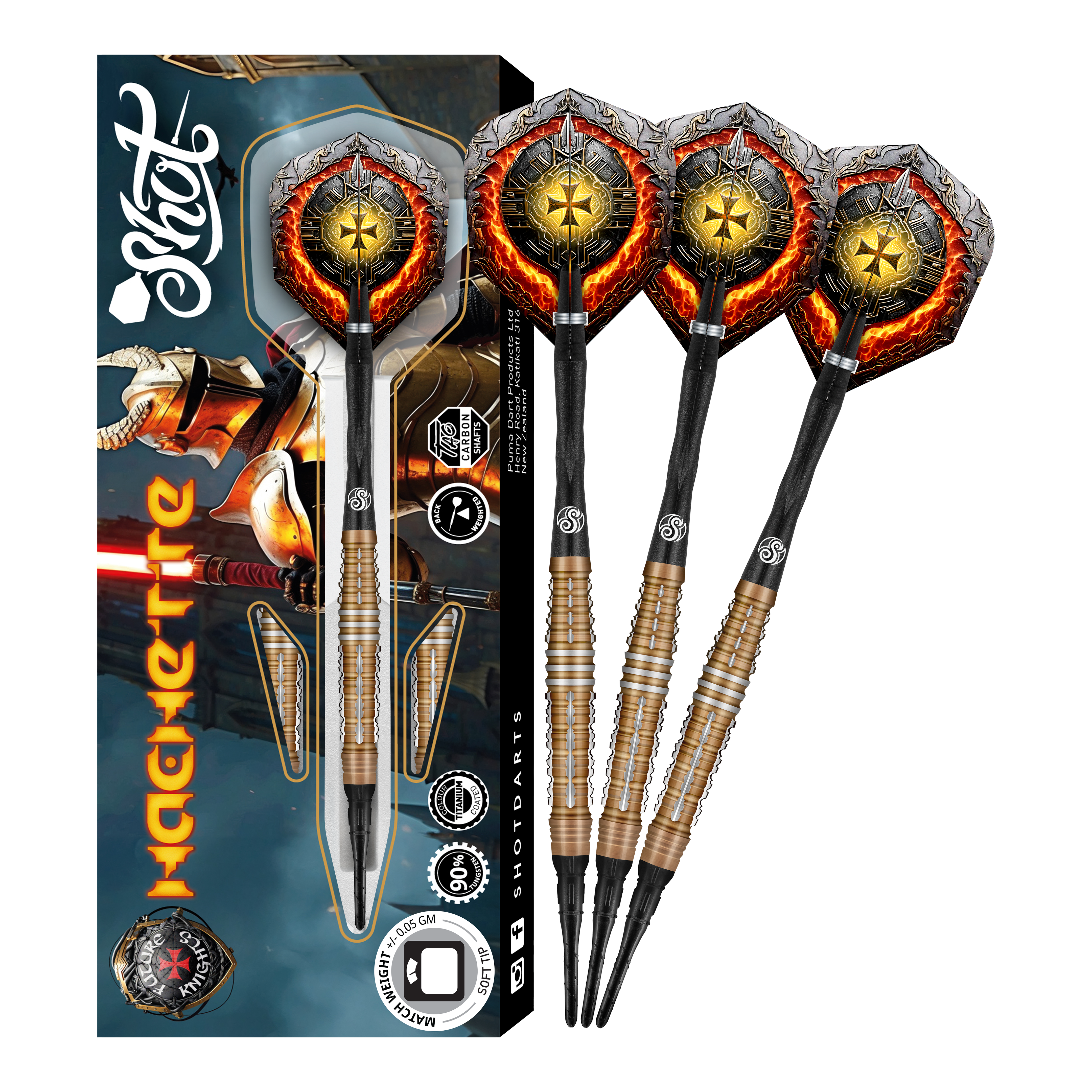 Das Bild zeigt das Produkt "Shot Future Knights Hachette Softdarts - 20g" mit drei dekorativen Softdarts und der passenden Verpackung. Die Darts haben ein auffälliges Design mit goldenen und schwarzen Details sowie mittelalterlichen Motiven.