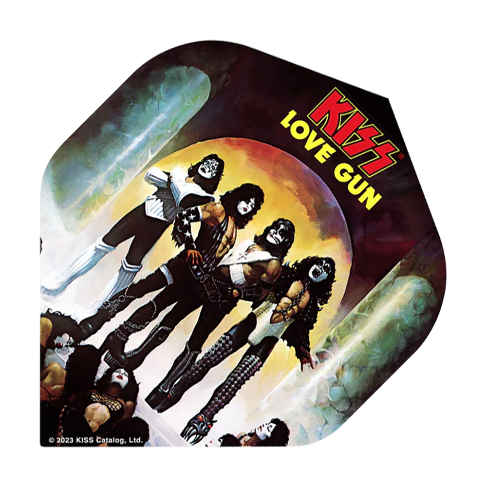 Mission Kiss Love Gun No2 Standardní lety Das Bild zeigt ein Dart-Flügel mit dem Motiv des KISS-Albums „Love Gun“. Darauf sind die Bandmitglieder in ihren charakteristischen Kostümen abgebildet, und oben steht der Schriftzug „KISS LOVE GUN“.