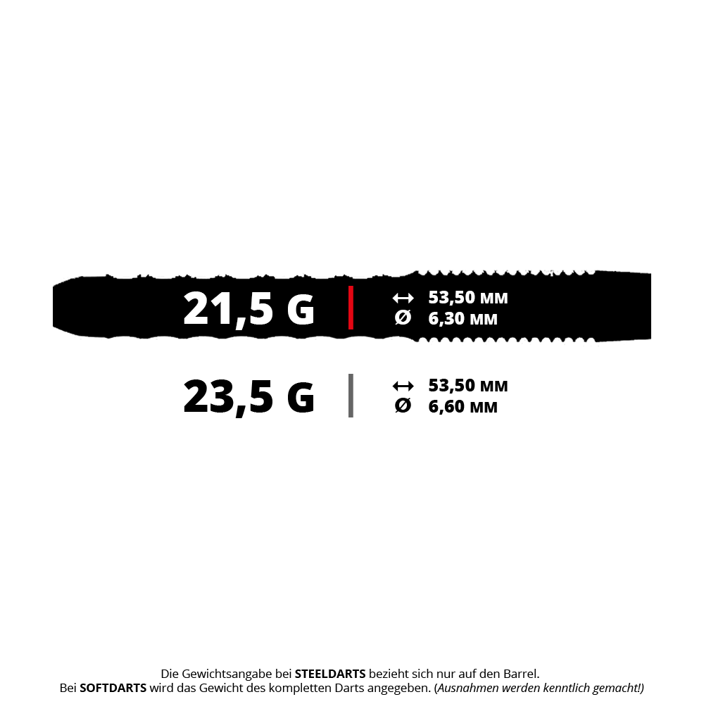 Ocelové šipky Caliburn Sword S1 Das Bild zeigt zwei Gewichtsklassen für Steeldarts: 21,5 g mit 53,50 mm Länge und 6,30 mm Durchmesser sowie 23,5 g mit 53,50 mm Länge und 6,60 mm Durchmesser. Unten steht ein Hinweis, dass sich die Gewichtsangabe bei Steeldarts nur auf das Barrel bezieht.