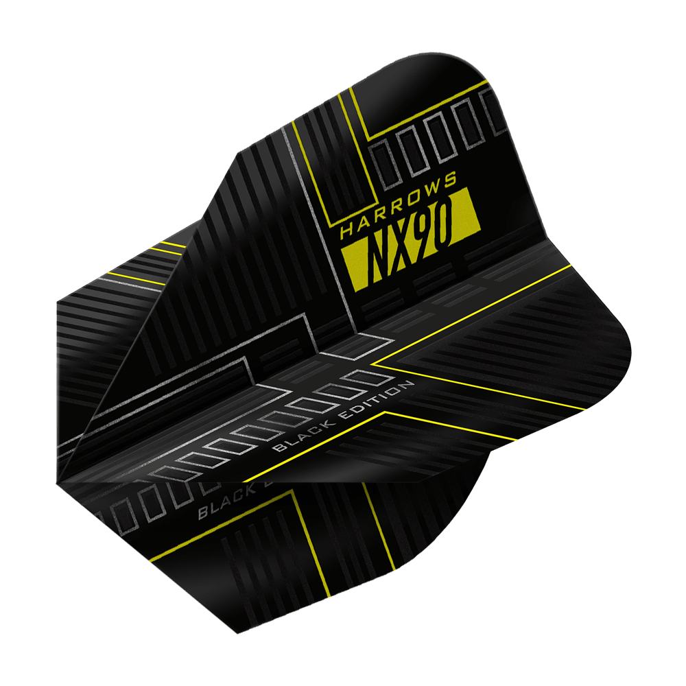 Harrows NX90 Black Edition č. 6 letek Das Bild zeigt das Produkt "Harrows NX90 Black-Edition No6 Flights". Das Flight ist überwiegend schwarz mit gelben und grauen Akzenten und moderner Grafik.