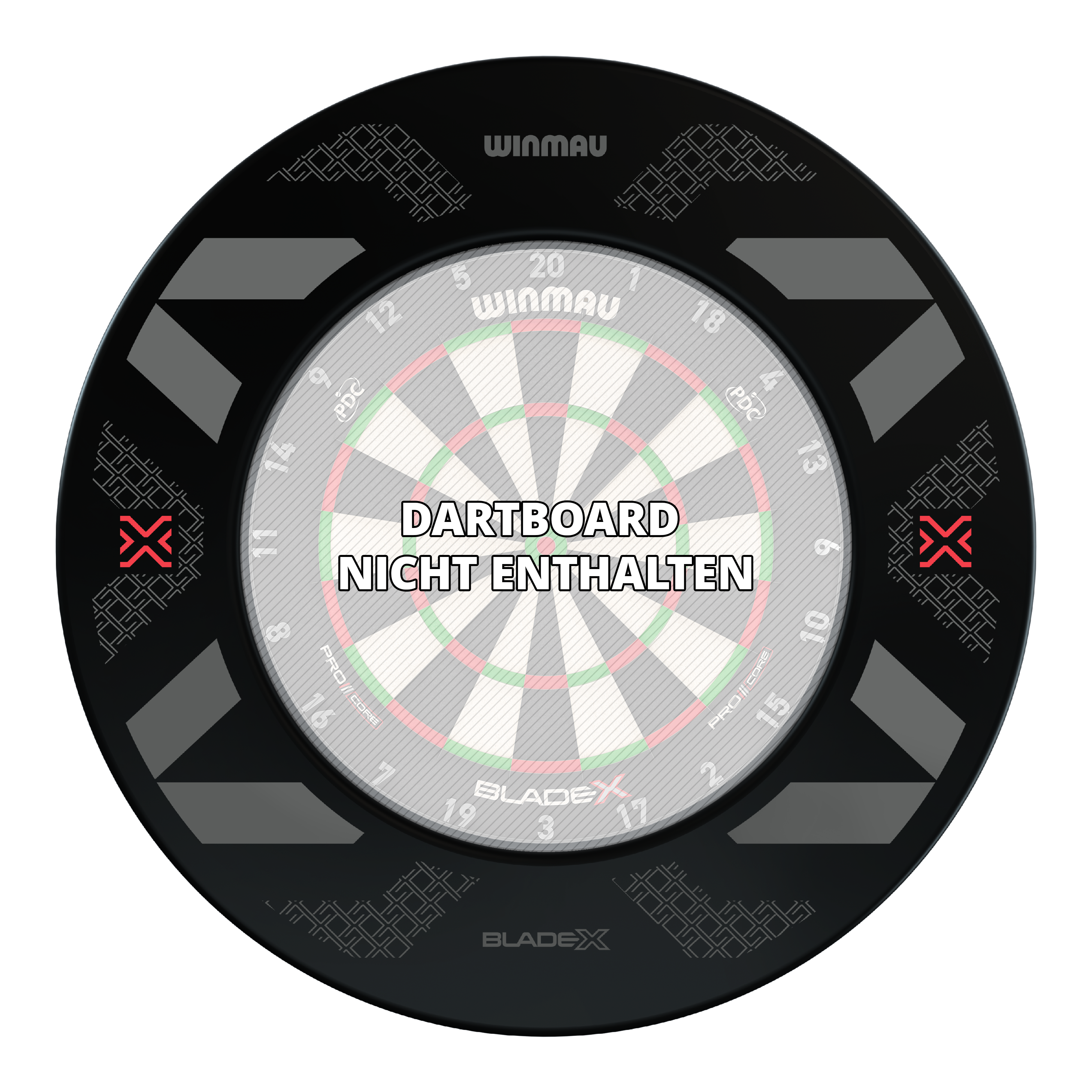 Abgebildet ist das Winmau Blade X Dartboard Surround. Die schwarze Umrandung eignet sich ideal zur Ergänzung eines Dartboards.