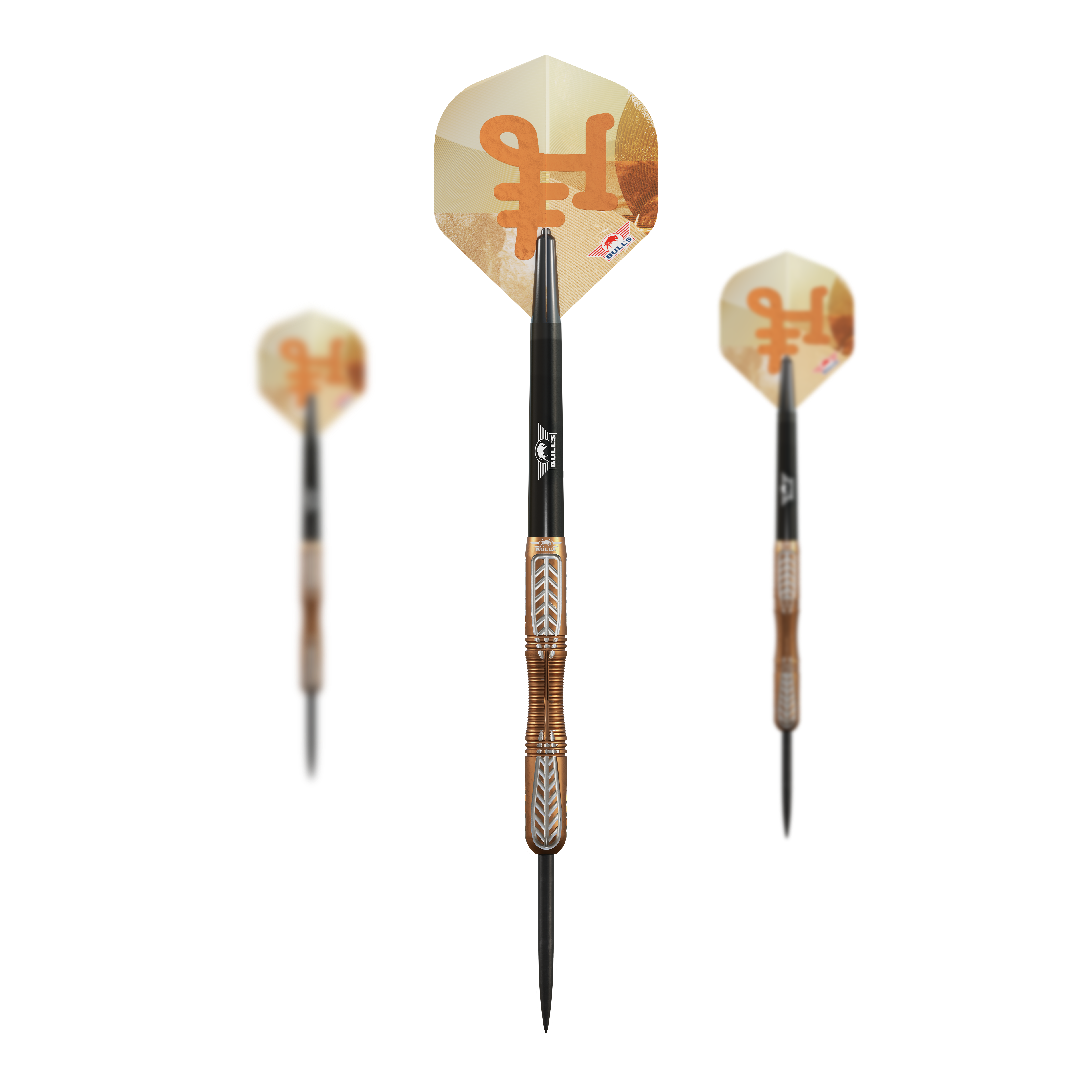 Auf dem Bild sind die Bulls NL Bronzo True Steeldarts - 23g als Set zu sehen. Das Set enthält mehrere Darts für das Spiel.