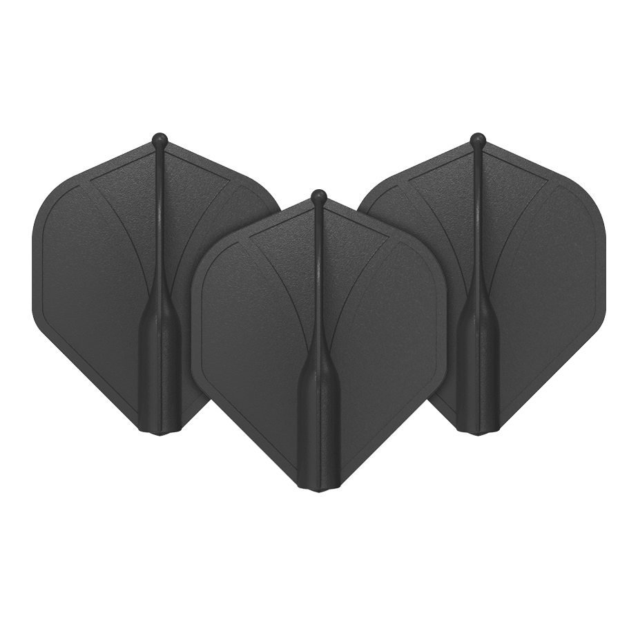 Auf dem Bild sind drei schwarze Dart-Flights zu sehen. Sie stehen aufrecht nebeneinander und haben eine standardmäßige, geformte Flügelform.