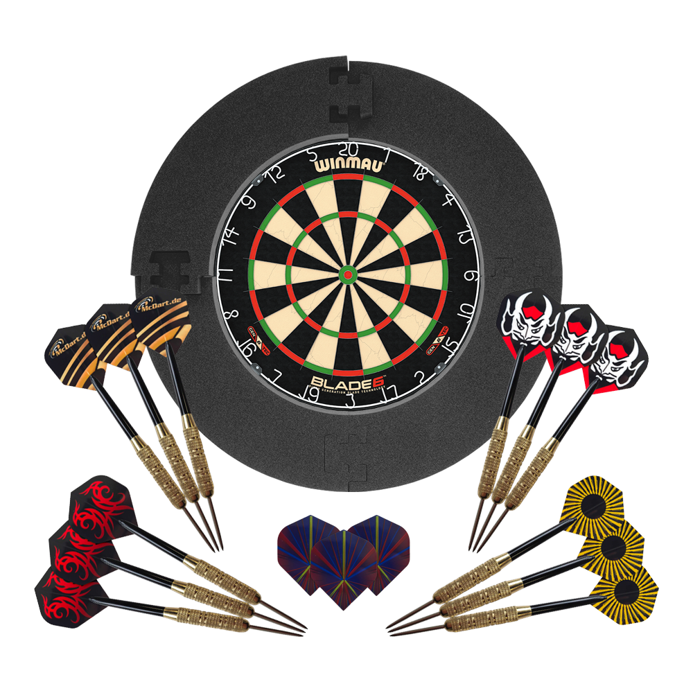 Hier ist das Winmau Blade 6 Bundle mit 12 McDart Steeldarts und schwarzem Catchring zu sehen. Das Set eignet sich für Dartsport-Fans.