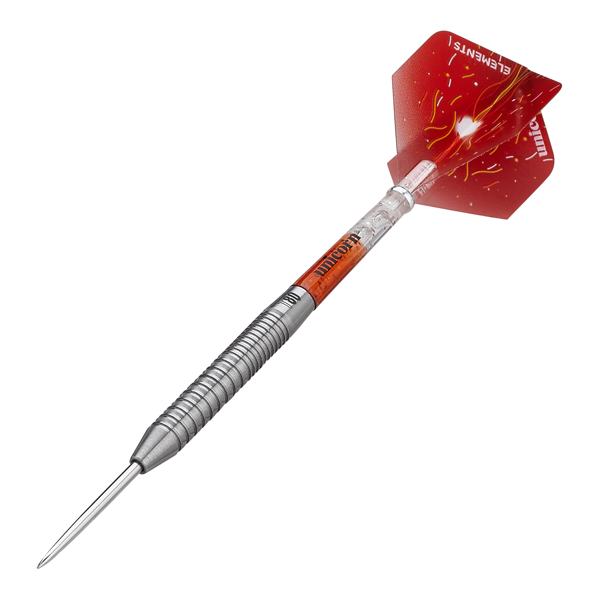 Steeldarts Unicorn Core XL Striker Style 1 - 22g Das Bild zeigt einen Unicorn Core XL Striker Style 1 Steeldart mit 22g Gewicht. Der Dart hat einen silbernen, geriffelten Schaft und rote Flights mit einem Feuerdesign.