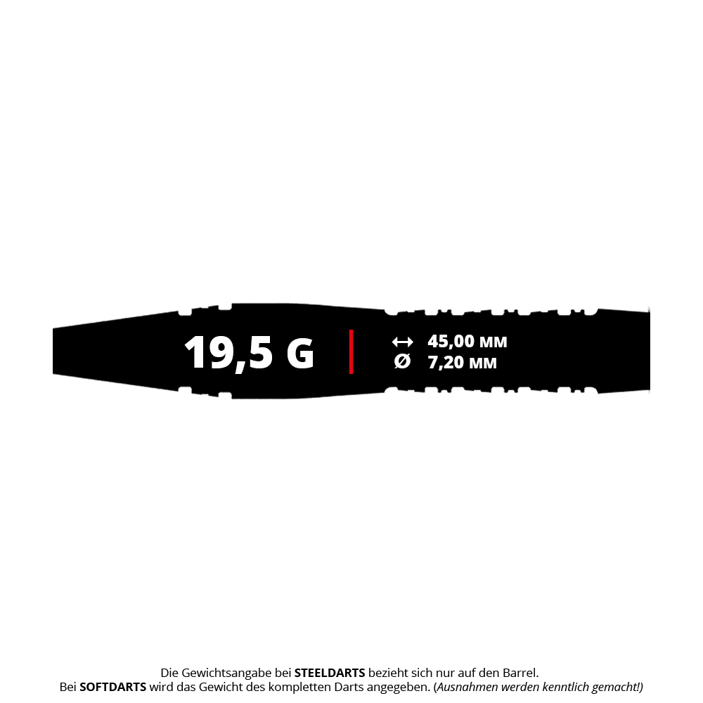 Caliburn Prisma Steeldarts mit einem Gewicht von 19,5g. Das Produkt ist für präzise Würfe beim Dartspiel geeignet.