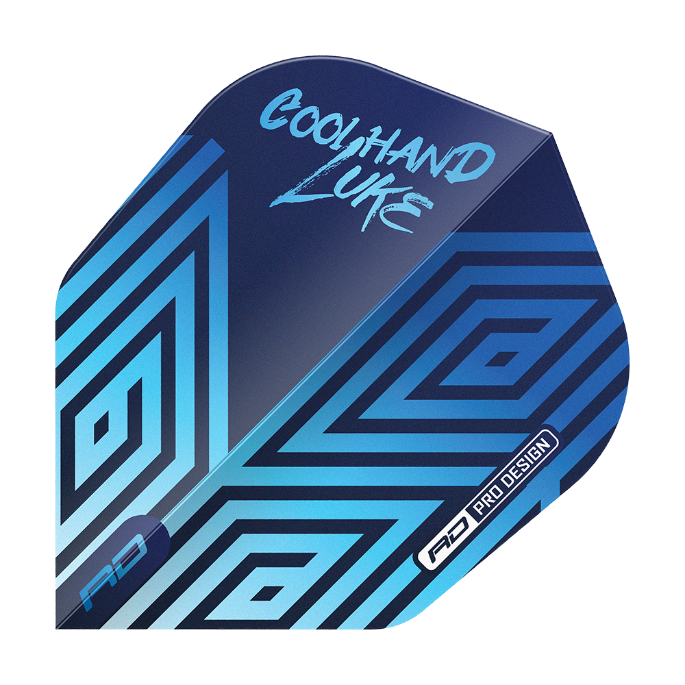 Das Bild zeigt ein Dart-Flight mit dem Aufdruck "Coolhand Luke" in blauer Schrift. Das Design ist überwiegend blau mit geometrischen Mustern und dem Schriftzug "RD Pro Design".