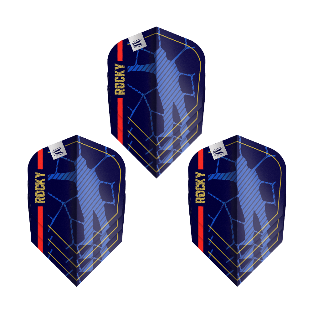 Letky Target Pro Ultra Josh Rock GEN1 Ten-X - 3 sady Das Bild zeigt drei Sets der "Target Pro Ultra Josh Rock GEN1 Ten-X Flights". Die Flights sind dunkelblau mit gelben und roten Akzenten und dem Schriftzug "ROCKY".