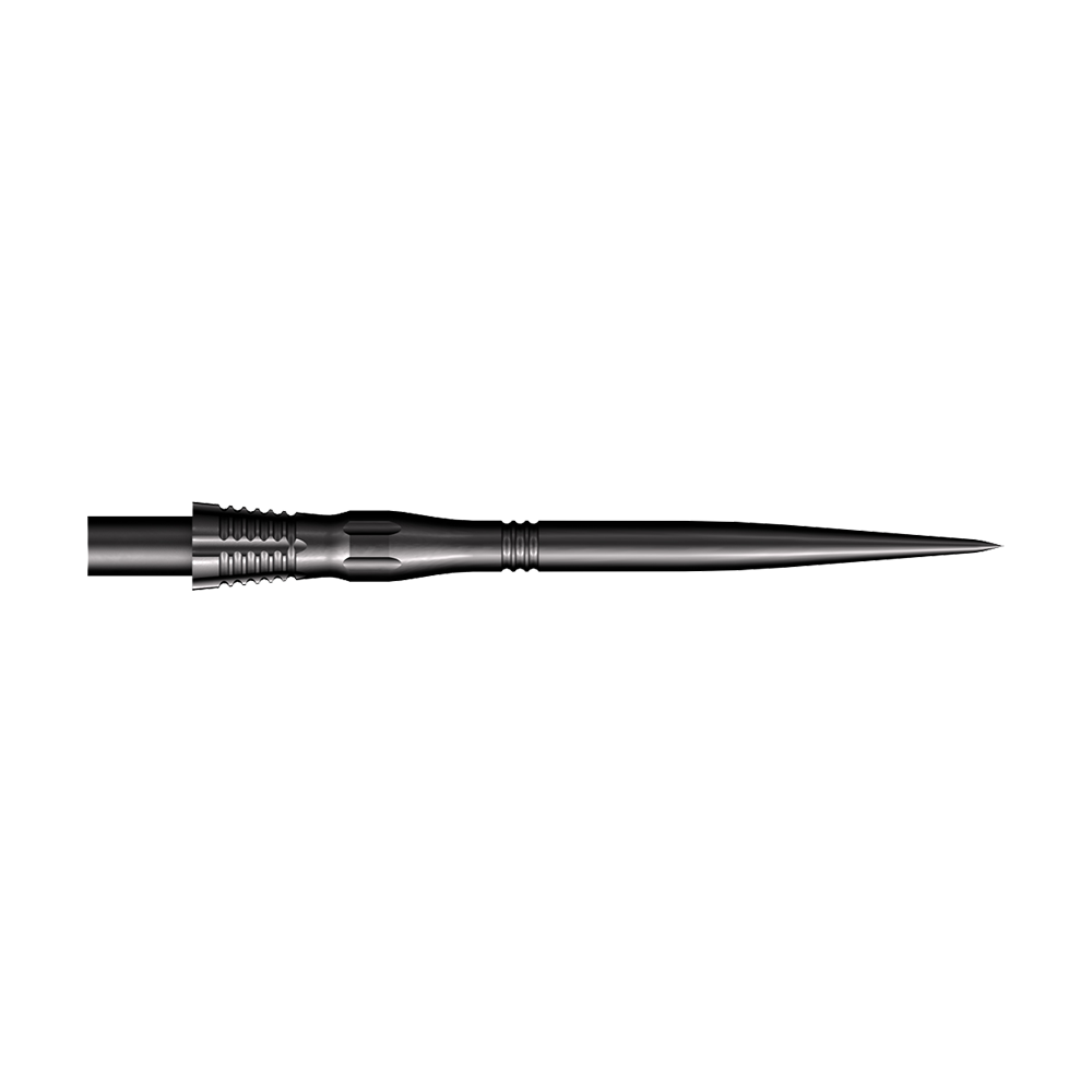 Das Bild zeigt eine schwarze Steeldart-Spitze mit dem Namen "Shot Cone Scallop". Die Spitze ist 35 mm lang und hat eine schlanke, gezackte Form.