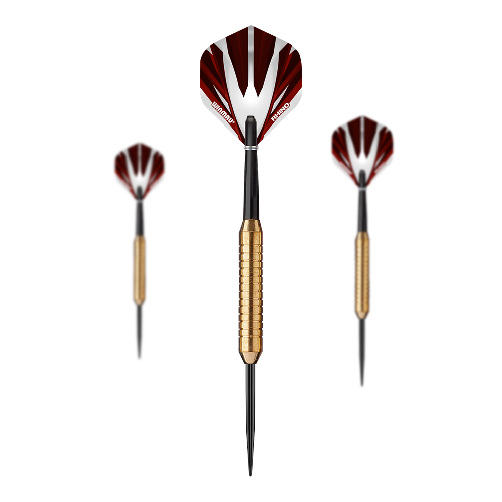 Ocelové šipky Winmau Broadside Brass - 22g Das Bild zeigt drei Winmau Broadside Brass Steeldarts mit einem Gewicht von 22 Gramm. Die Darts haben goldfarbene Griffe und schwarz-rote Flights.