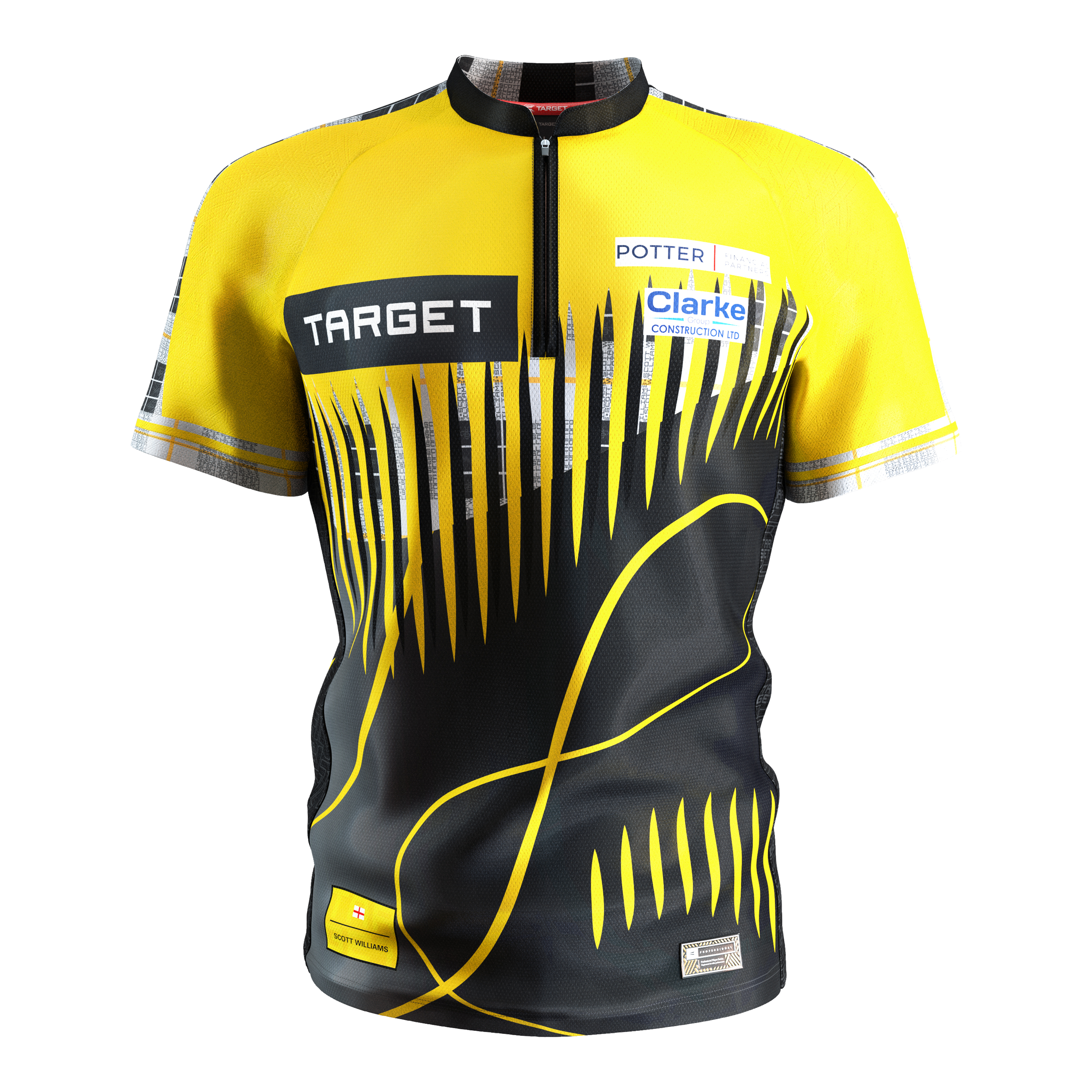 Tričko Target Coolplay Scott Williams 2025 s logem na šipky Das Bild zeigt ein Dartshirt in den Farben Gelb und Schwarz mit auffälligem modernem Muster. Auf dem Shirt sind mehrere Sponsorenlogos, darunter "TARGET", zu sehen.