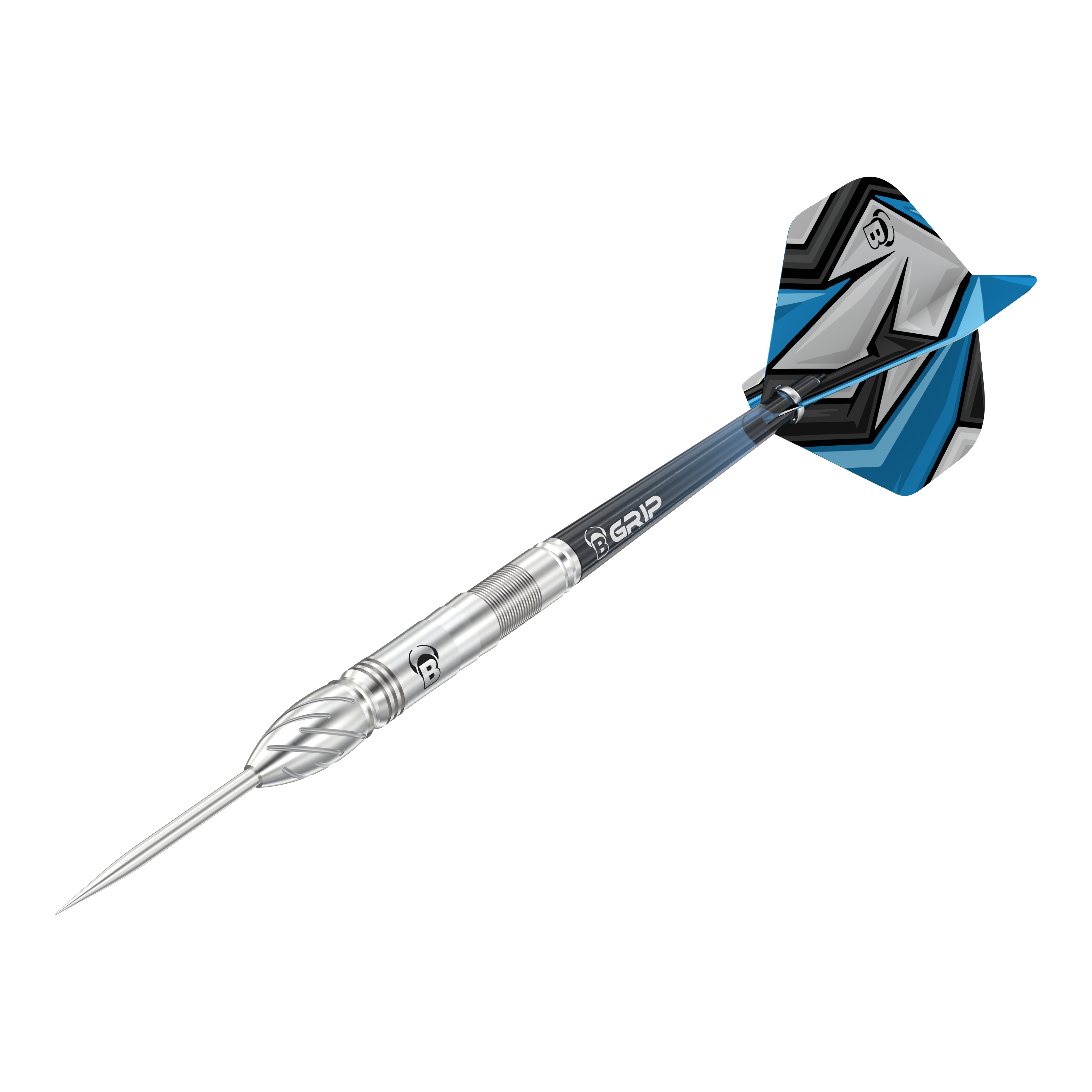 Bulls Stone S1 Steeldarts Das Bild zeigt einen Bulls Stone S1 Steeldart. Der Dartpfeil hat eine silberne Spitze und einen Schaft mit blauen und schwarzen Akzenten am Flight.