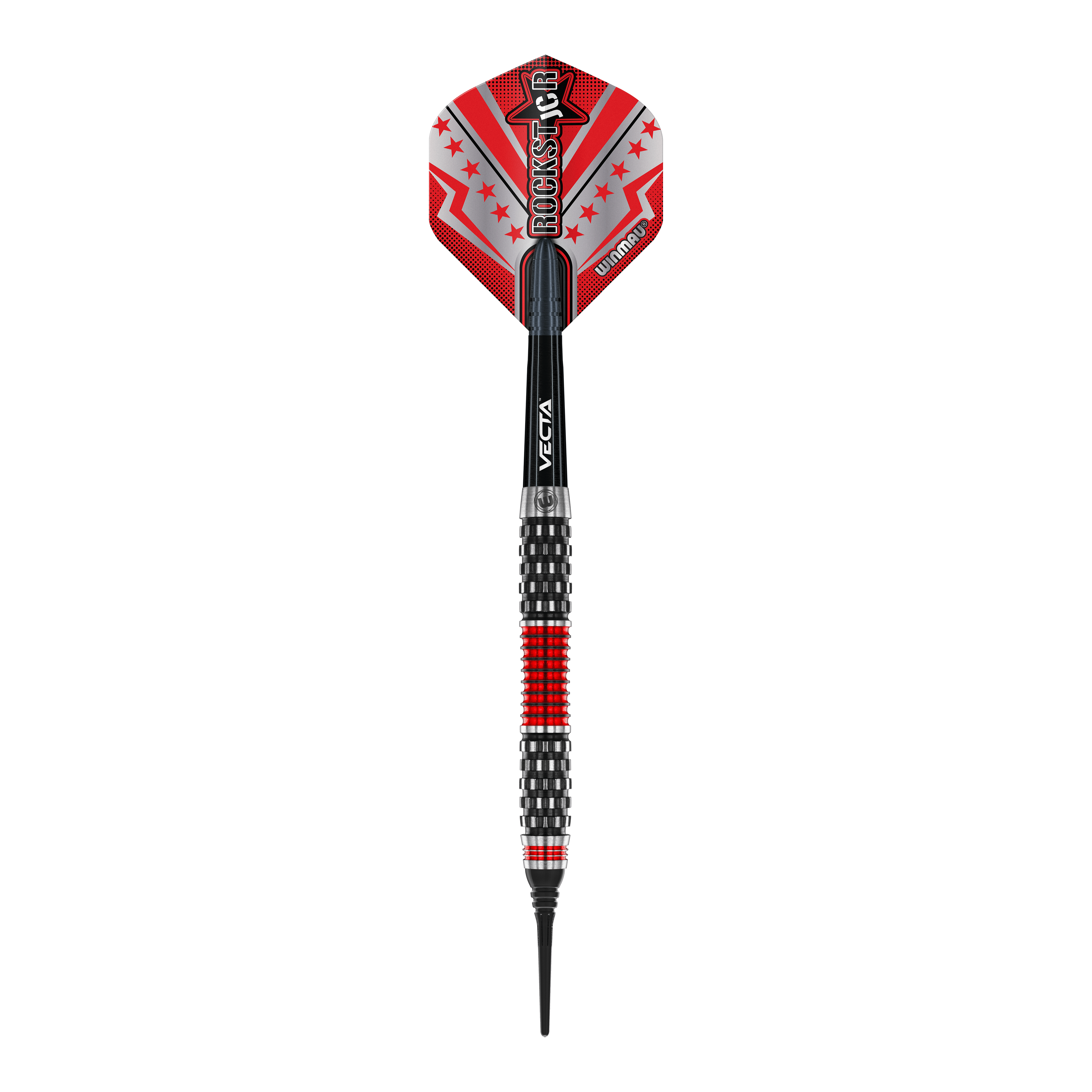 Šipky Winmau Joe Cullen Rockstar Series RS1 měkké - 20g Dieses Bild zeigt einen Winmau Joe Cullen Rockstar Series RS1 Softdart mit einem Gewicht von 20g. Der Dart ist schwarz und rot gestaltet und hat einen auffälligen Flights mit dem Aufdruck "Rockstar".