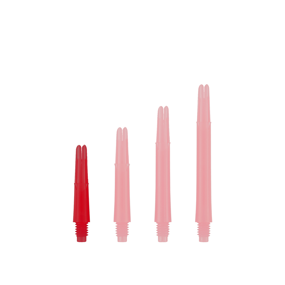 L-tvarované L-hřídele, zajištěné rovné - červené Das Bild zeigt vier rote, gerade Dartschäfte in unterschiedlicher Länge. Sie stehen aufrecht nebeneinander und haben ein Schraubgewinde am unteren Ende.