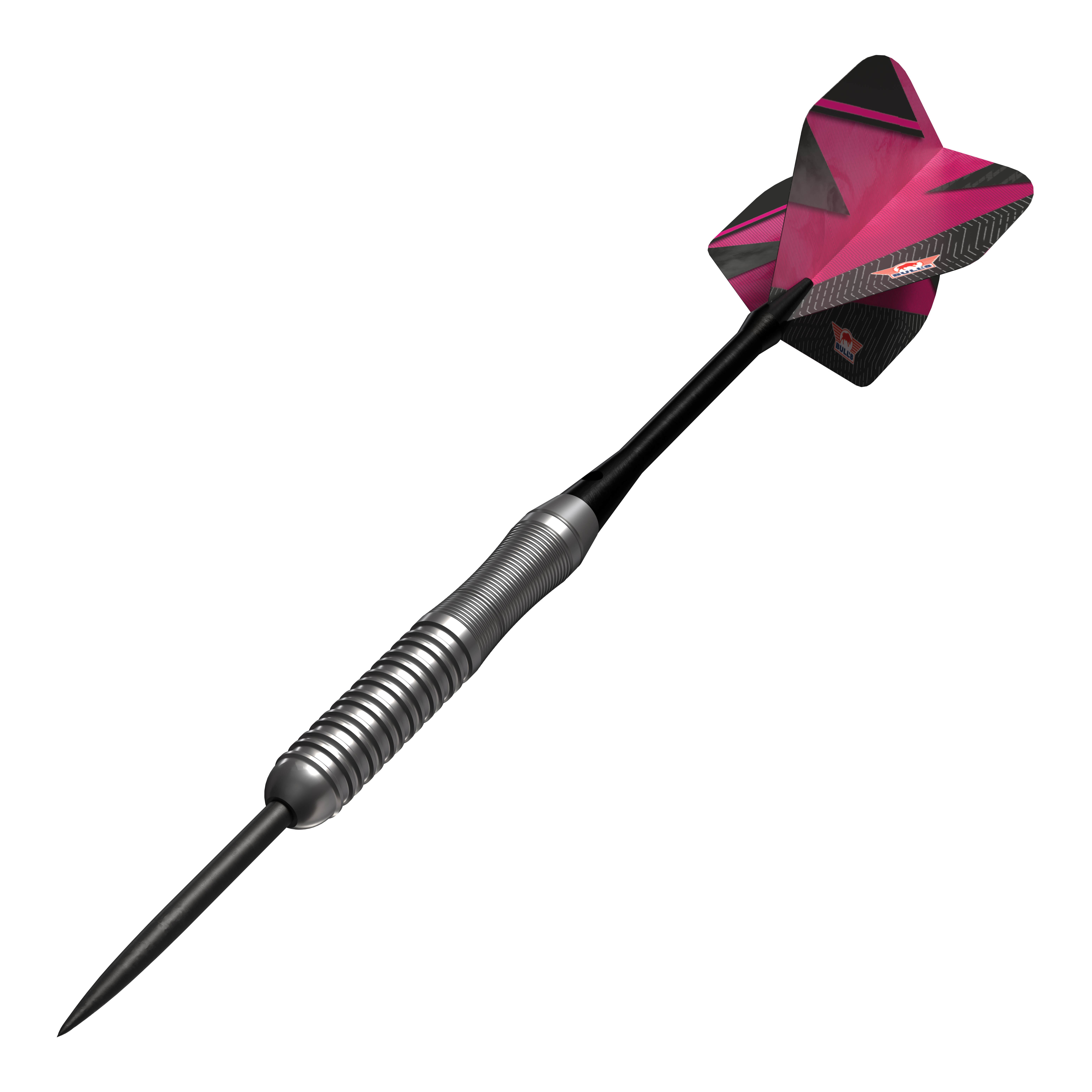 Ocelové šipky Bulls NL Lightning Pink Das Bild zeigt einen Steeldartpfeil mit silbernem Griff und einer pink-schwarzen Flights. Es handelt sich um das Produkt "Bulls NL Lightning Pink Steeldarts".