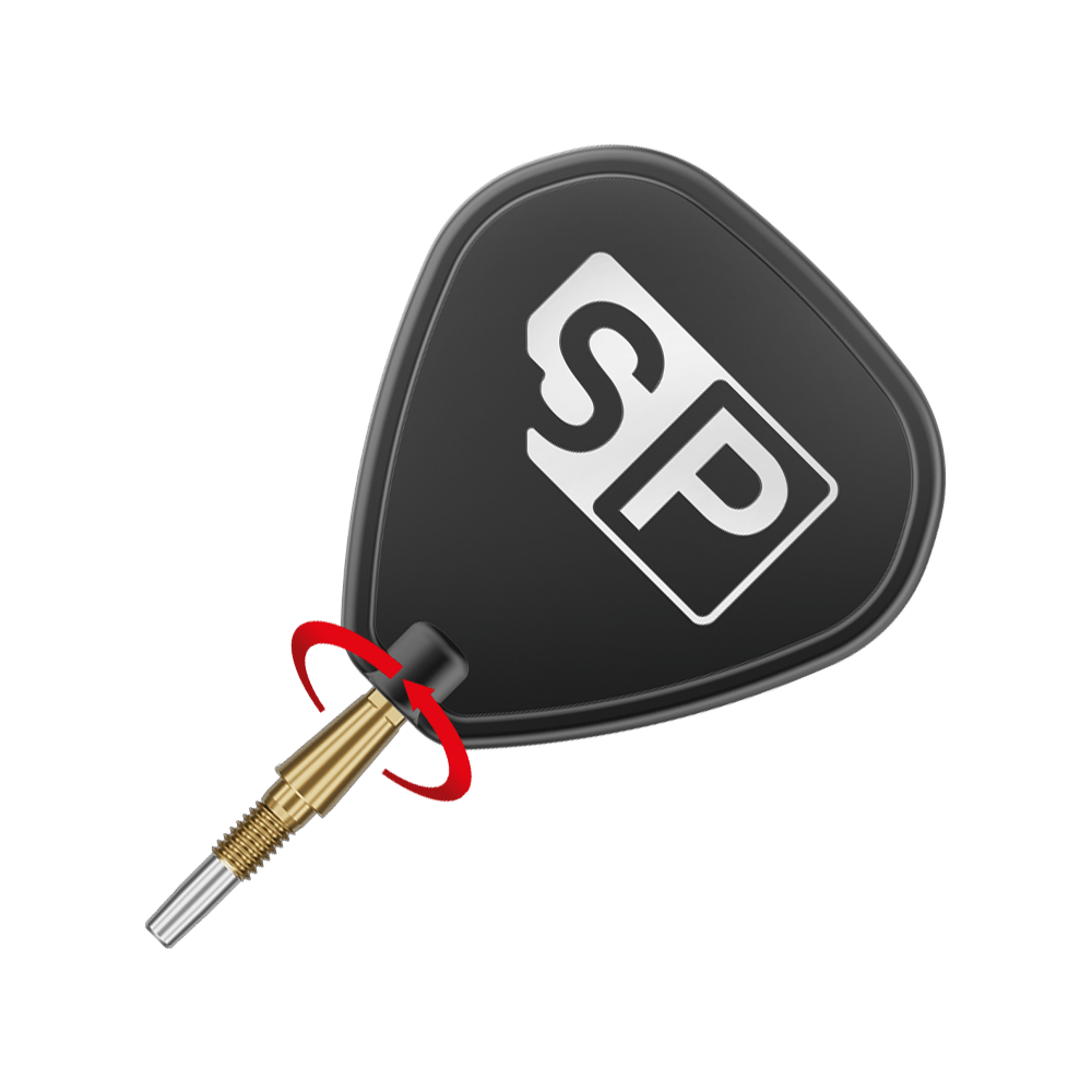 Ocelové hroty na šipky Target Swiss Point Storm Surge - zlaté Auf dem Bild ist eine goldene Dartspitze mit einem schwarzen Flight zu sehen, auf dem die Buchstaben "SP" abgebildet sind. Um die Spitze ist ein roter Pfeil, der eine Drehbewegung anzeigt.