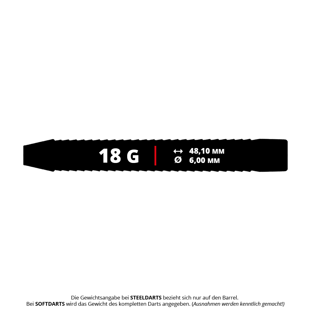Abgebildet sind die McDart Shark 3 Steeldart-Barrels mit einem Gewicht von 18g. Diese Steeldart-Barrels haben eine markante Grip-Struktur und eignen sich für das Dartspiel mit Stahlspitzen.