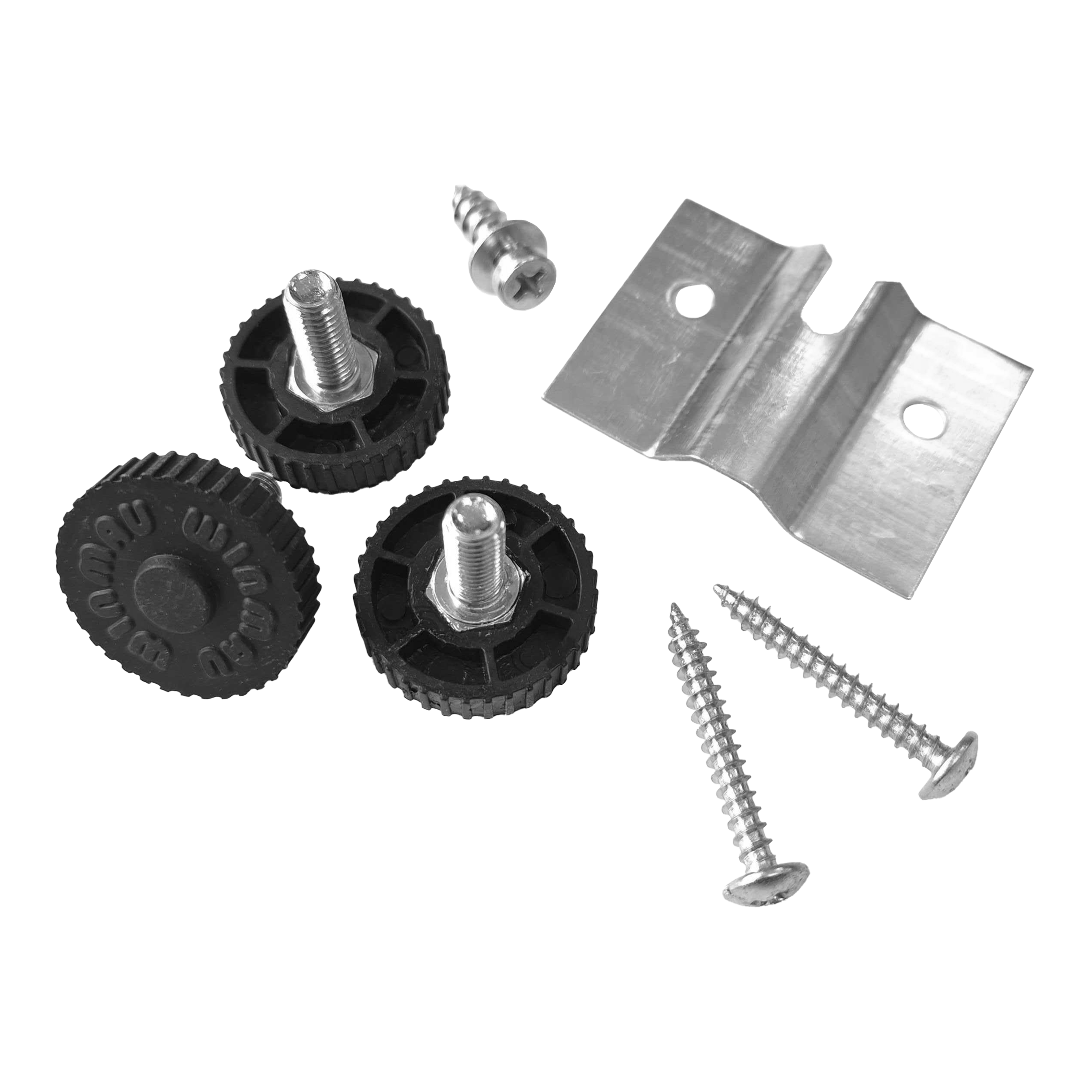 Nástěnný držák Winmau Rota-Lock Blade 6 Das Bild zeigt den Winmau Rota-Lock Blade 6 Wandhalterungssatz mit Schrauben, Metallhalterung und schwarzen Befestigungsrädern. Dieses Set wird zur sicheren Wandbefestigung eines Dartboards verwendet.