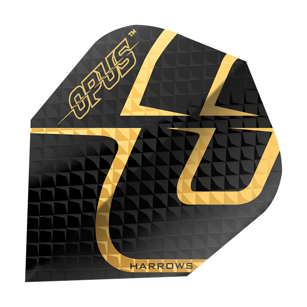 Lety Harrow's Opus verze 2 Das Bild zeigt das Produkt "Harrows Opus Version 2 Flights". Die Darts-Flight ist schwarz mit einem goldenen Muster und dem Schriftzug "OPUS" und "HARROWS".