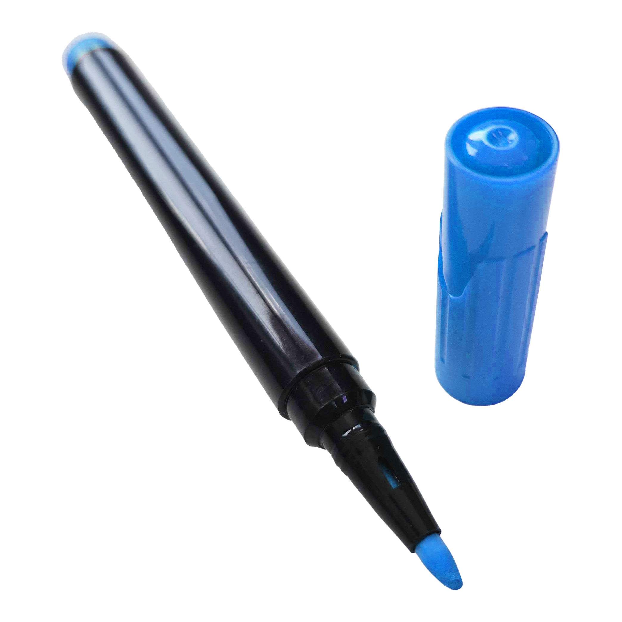 Auf dem Bild ist ein blauer Boardmarker mit abgenommener Kappe zu sehen. Die Spitze des Markers ist ebenfalls blau.