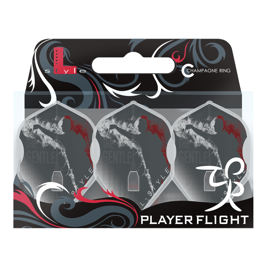 Das Bild zeigt eine Verpackung mit drei L-Style Mensur Suljovic V1 TypeA L1PRO Flights für Dartpfeile. Auf den Flights ist eine stilisierte Figur mit roter Kontur und der Schriftzug "The Gentle" zu sehen.