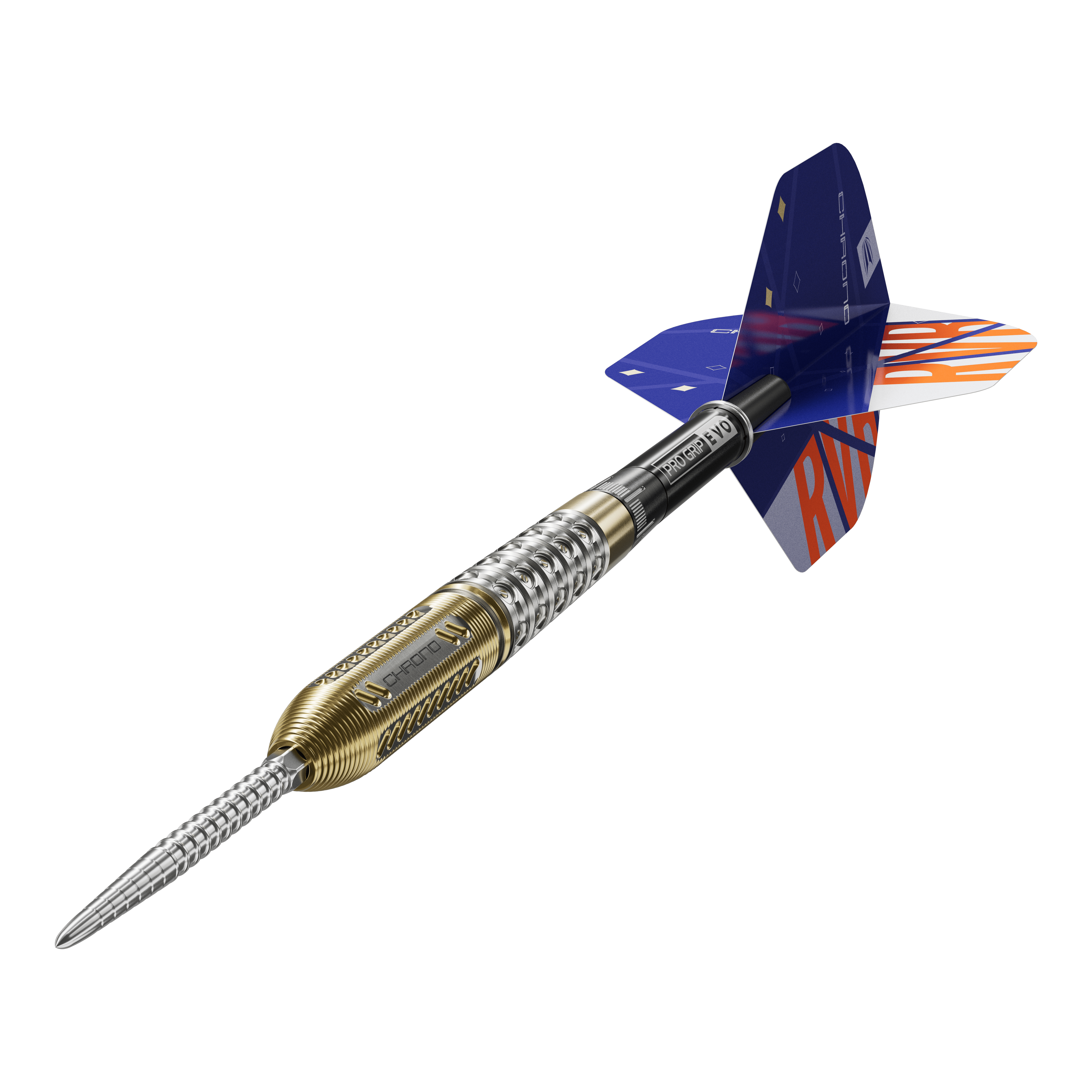 Terč Raymond Van Barneveld Chrono 95 Swiss Point Steel Darts Auf dem Bild ist ein Steeldart der Marke Target zu sehen, Modell "Raymond Van Barneveld Chrono 95 Swiss Point". Der Dartpfeil hat ein metallisch silber-goldenes Barrel und bunte Flights mit der Aufschrift "RVB".