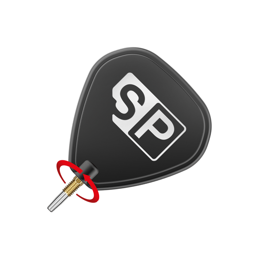 Špičky na šipky Target Swiss Point RVE - zlaté Das Bild zeigt eine Dartspitze mit einem schwarzen Flight, auf dem "SP" steht. Ein roter Pfeil deutet auf eine Drehbewegung an der goldenen Spitze hin.