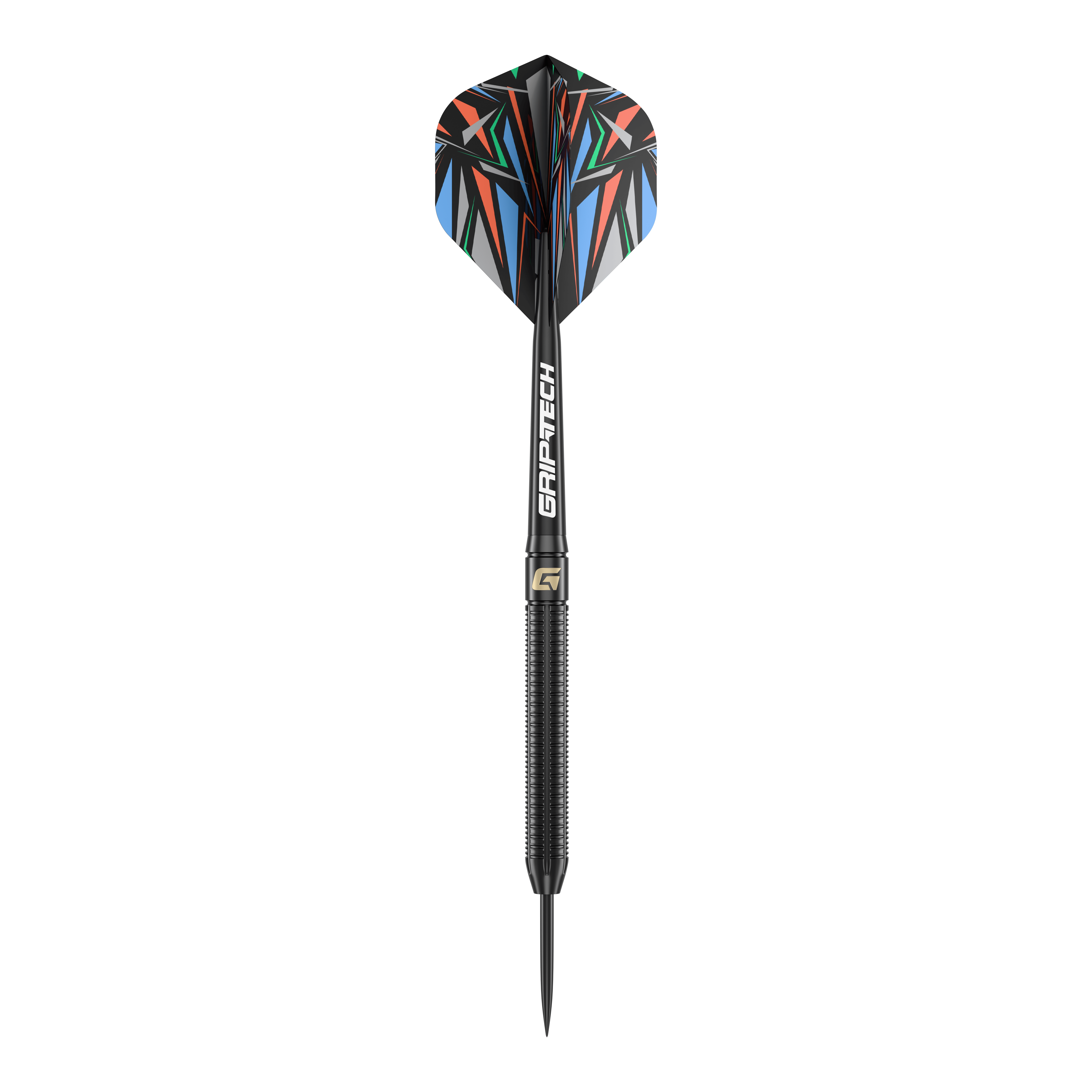 Ocelové šipky GOAT Athlete Black Brass - 13g Das Bild zeigt einen GOAT Athlete Black Brass Steeldart mit einem Gewicht von 13g. Der Dart hat eine schwarze, gerändelte Spitze und bunte Flights mit geometrischem Muster.