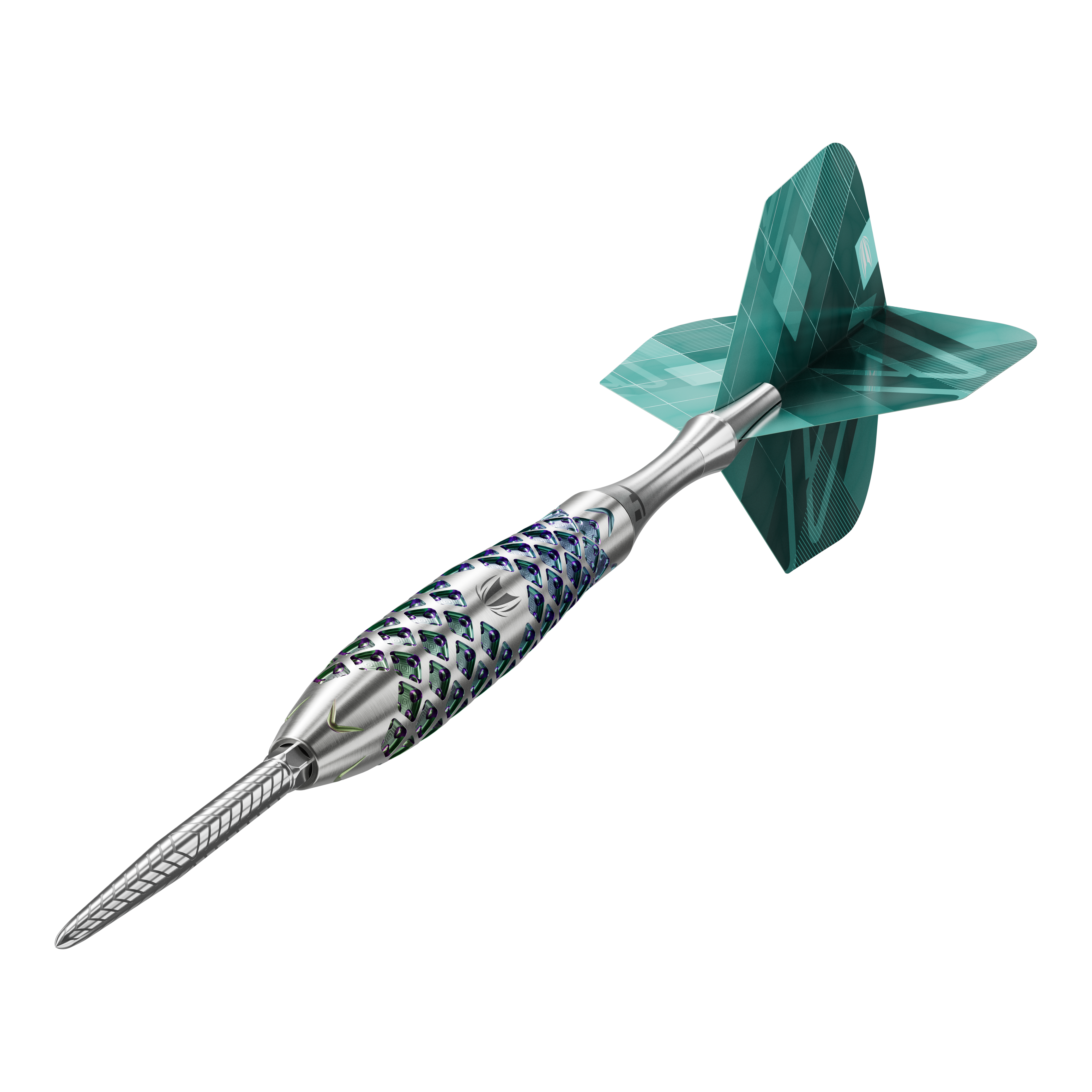 Ocelové šipky Target Rove 02 Swiss Point Das Bild zeigt einen Target Rove 02 Swiss Point Steeldart. Der Dartpfeil hat ein silbernes, strukturiertes Barrel und grüne Flights.