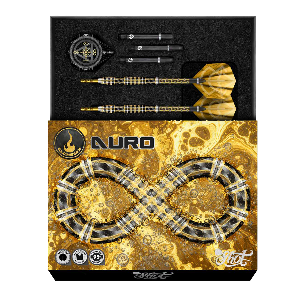 Shot Alchemy Auro Steeldarts Hier sieht man die Shot Alchemy Auro Steeldarts. Die Steeldarts werden detailliert und aus einer besonderen Perspektive dargestellt.