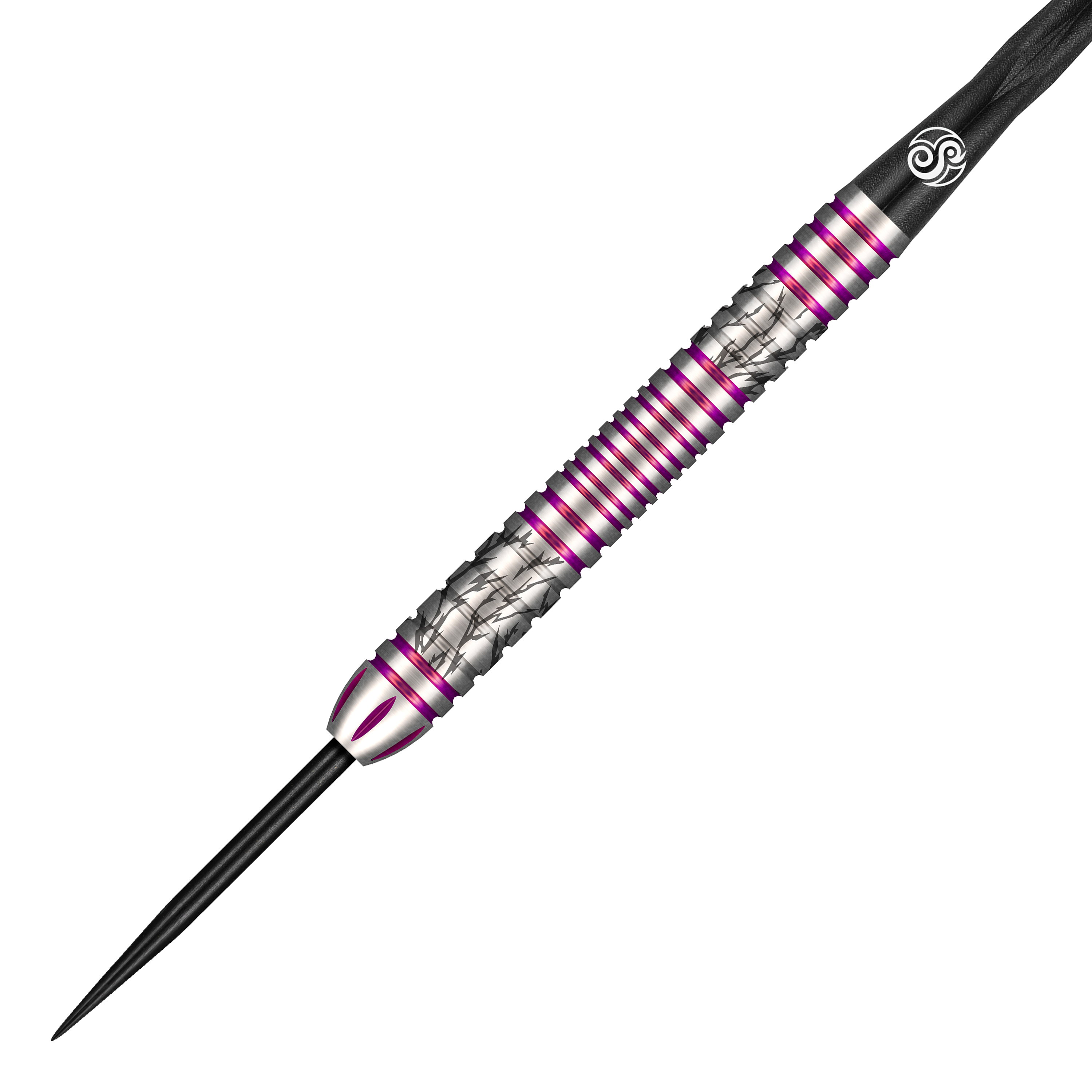Das Bild zeigt einen Steeldart aus der Shot Pro Series Barora Hospodarska mit einem Gewicht von 23g. Der Dart ist silberfarben mit lila Akzenten und besitzt ein auffälliges, strukturiertes Design.