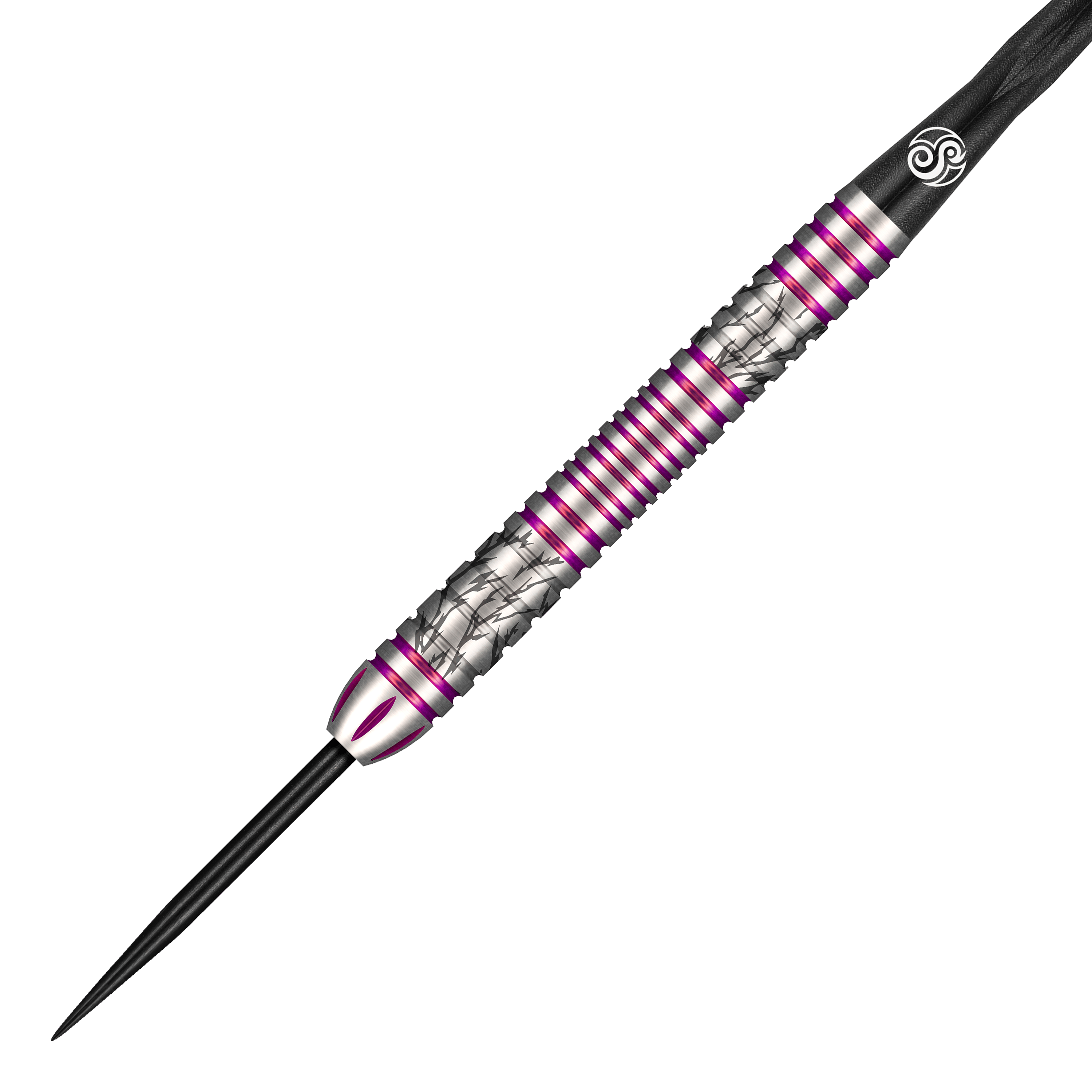 Shot Pro Series Barbora Hospodářská 2 Steeldarts - 23g Das Bild zeigt einen Steeldart aus der Shot Pro Series Barora Hospodarska mit einem Gewicht von 23g. Der Dart ist silberfarben mit lila Akzenten und besitzt ein auffälliges, strukturiertes Design.