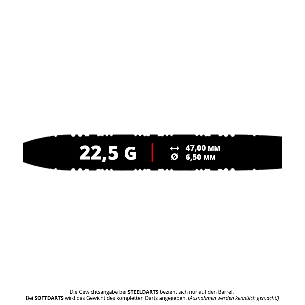 Das Bild zeigt die Caliburn Halo H1 Steeldarts mit einem Gewicht von 22,5 g. Die Steeldarts sind aus Metall gefertigt und für Dartspieler geeignet.