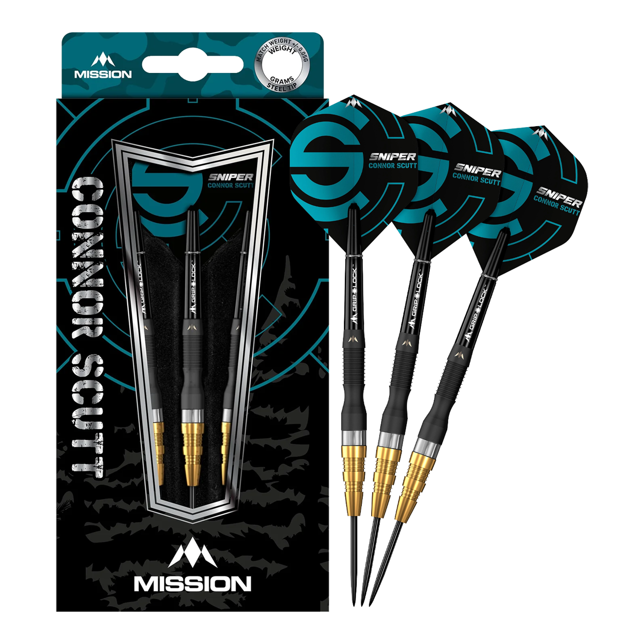 Das Bild zeigt die "Mission Connor Scutt Sniper Black Gold Steeldarts" mit drei Darts und ihrer Verpackung. Die Darts sind schwarz-gold und haben blaue Flights mit dem Namen des Produkts.
