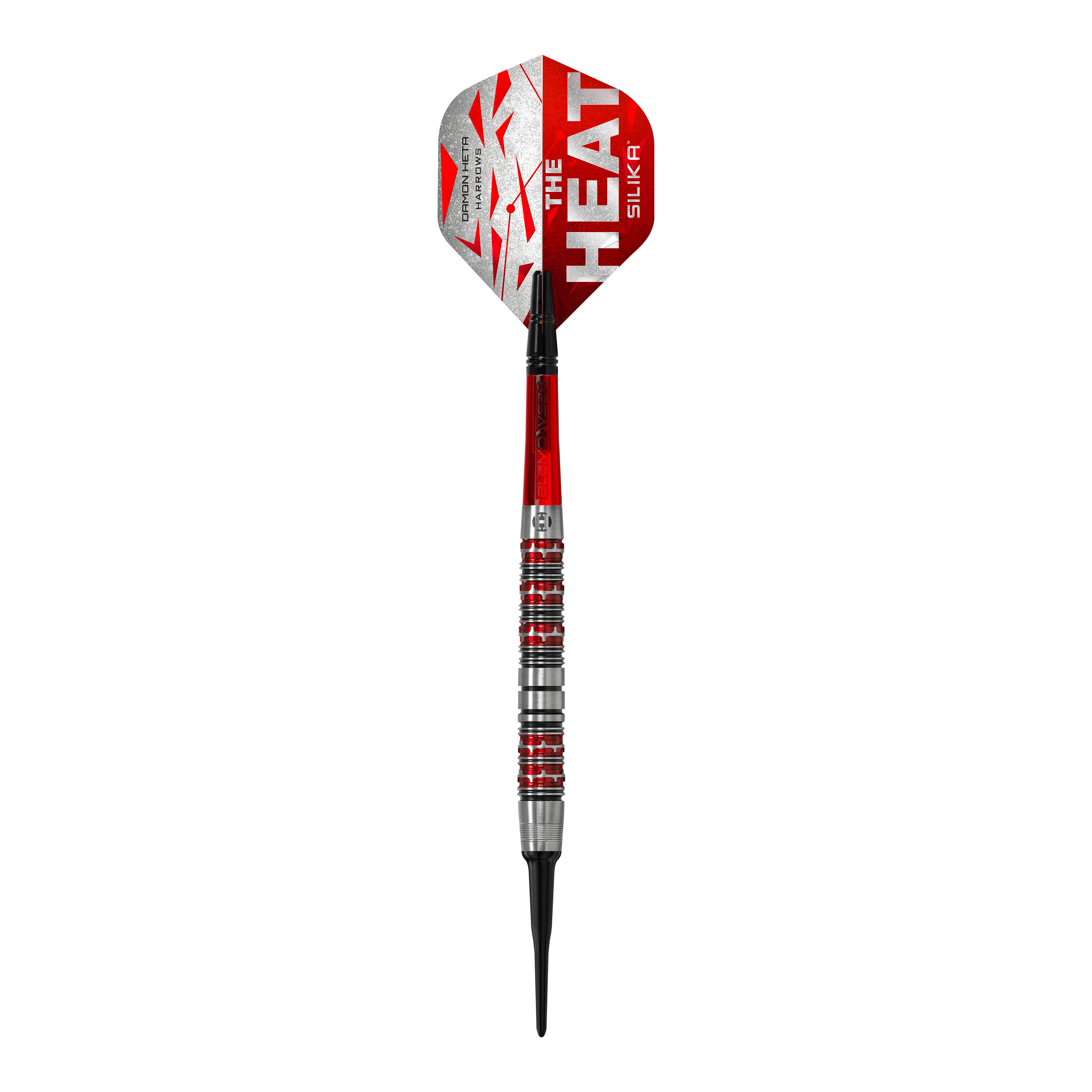 Měkké šipky Harrow's Damon Heta Series 3 Das Bild zeigt einen Harrows Damon Heta Series 3 Softdart. Der Dart ist silber, rot und schwarz gestaltet und trägt den Aufdruck "The Heat" auf dem Flight.