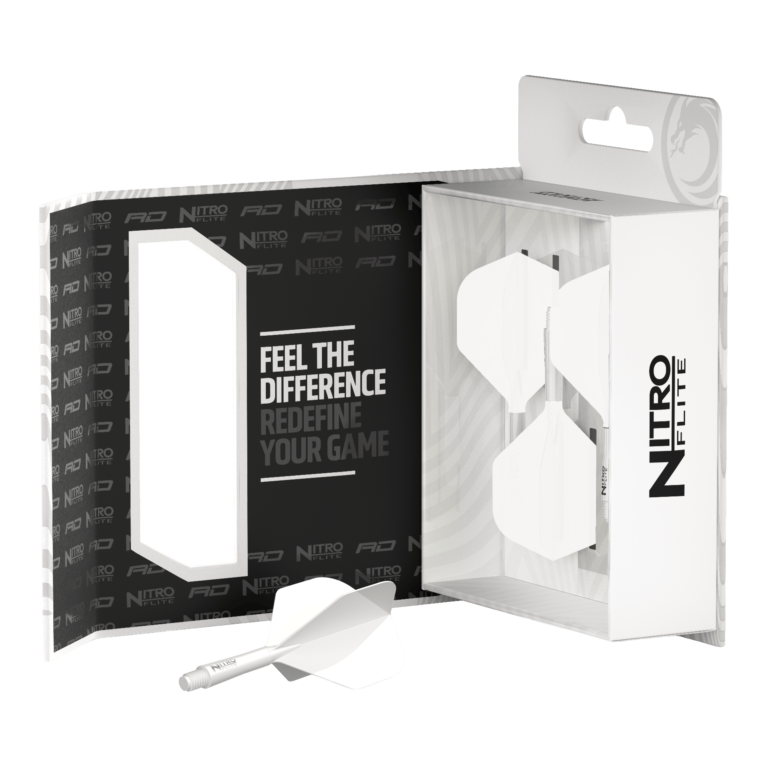 Das Bild zeigt die Red Dragon Nitroflite White Shaft White Flights No2. Es handelt sich um Dart-Flights und Shafts in Weiß.