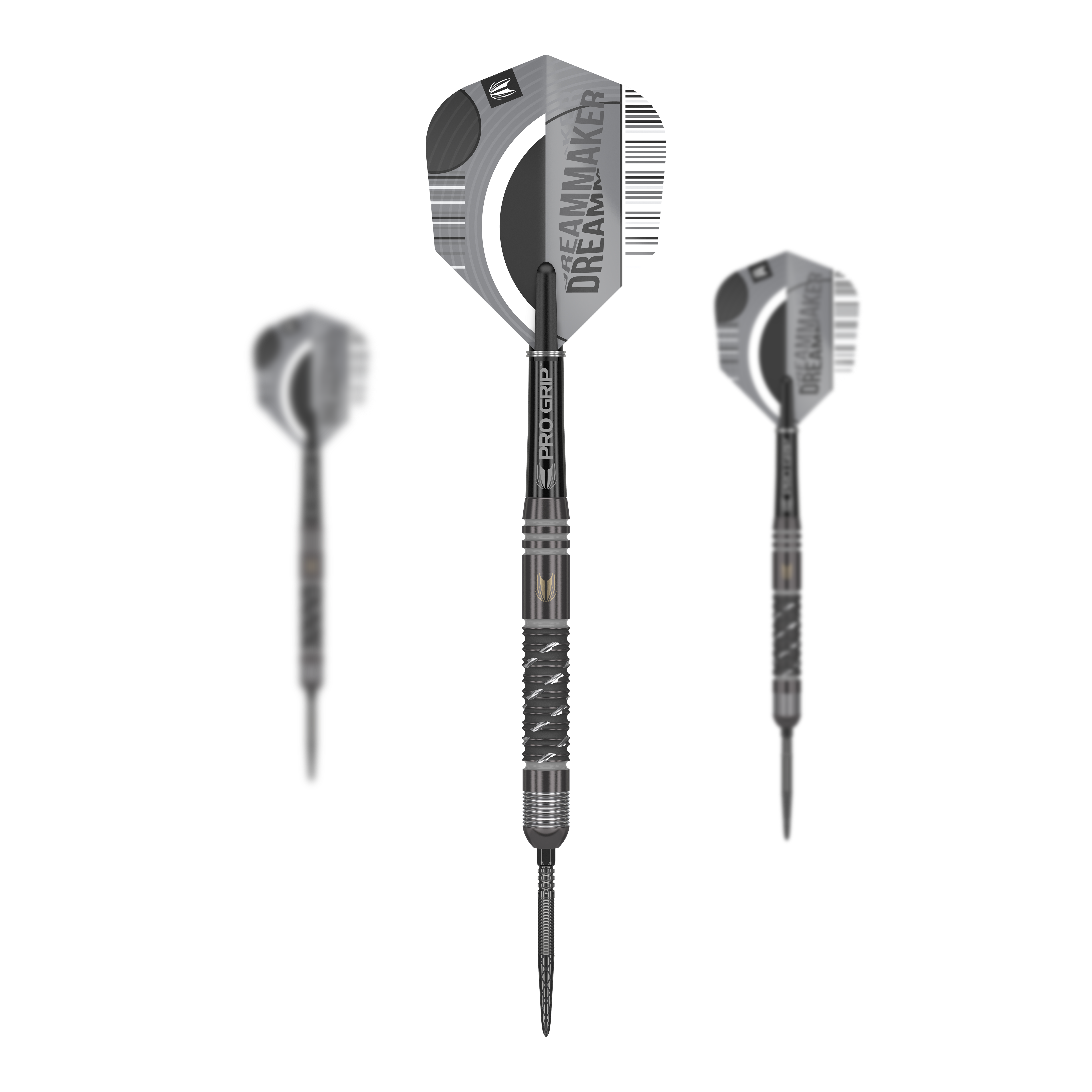 Ocelové šipky Target Dimitri Van Den Bergh X Echo Swiss Point Das Bild zeigt drei Steeldarts aus der Produktreihe „Target Dimitri Van Den Bergh X Echo Swiss Point“. Die Darts haben schwarze Griffe und Flights mit der Aufschrift „DREAMMAKER“.