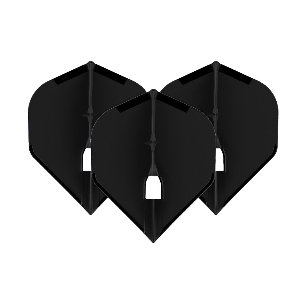 L-Style Champagne L1PRO Flights Auf dem Bild sind drei schwarze Dartflights zu sehen, die nebeneinander stehen. Sie haben eine klassische, breite Form und sind einheitlich gestaltet.